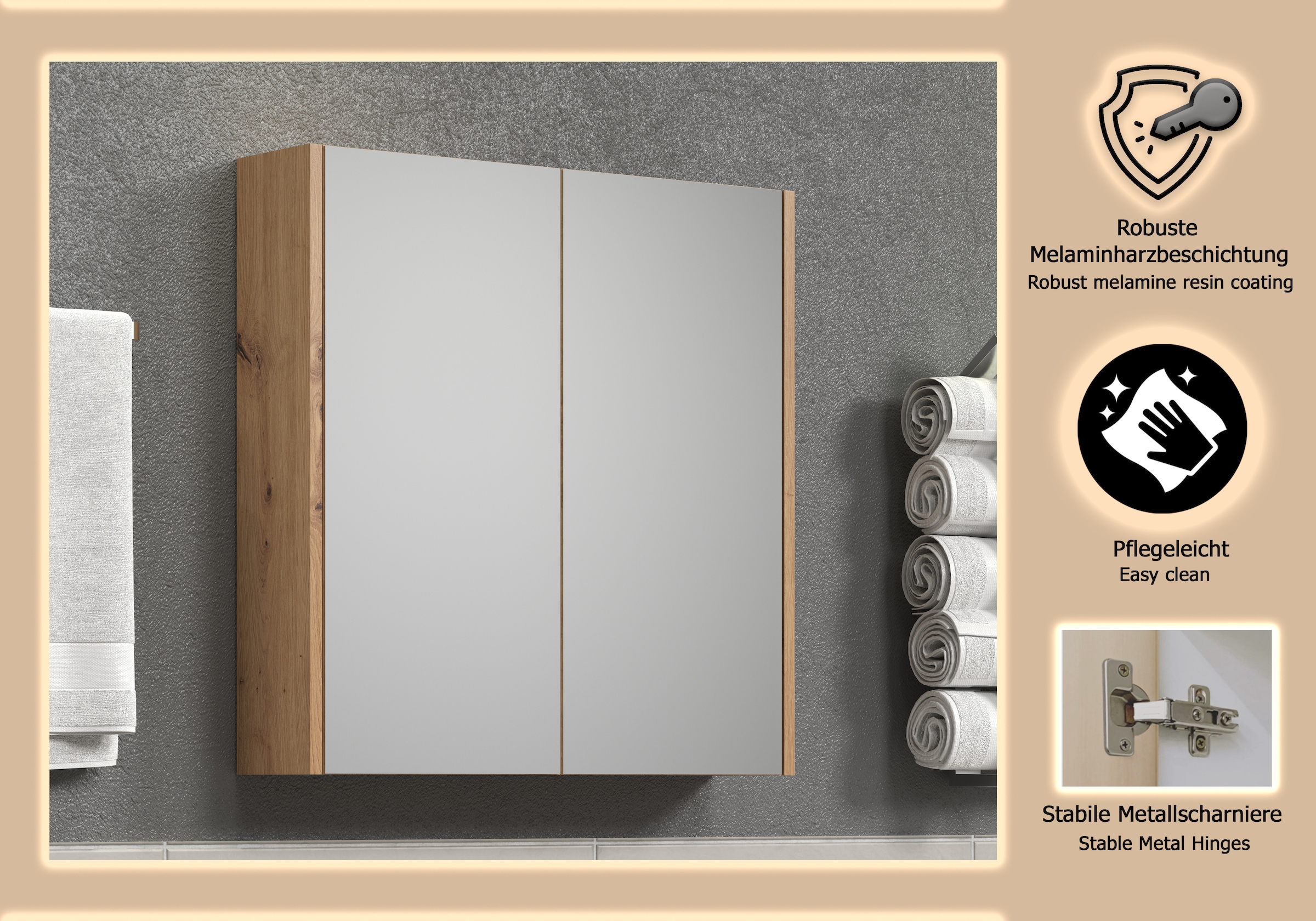 PLACES OF STYLE Spiegelschrank »Tarragona« 1 Stk. tlg. Spiegelschrank mit 2 Türen & 2 Böden - (B/T/H) 69/15/70 cm