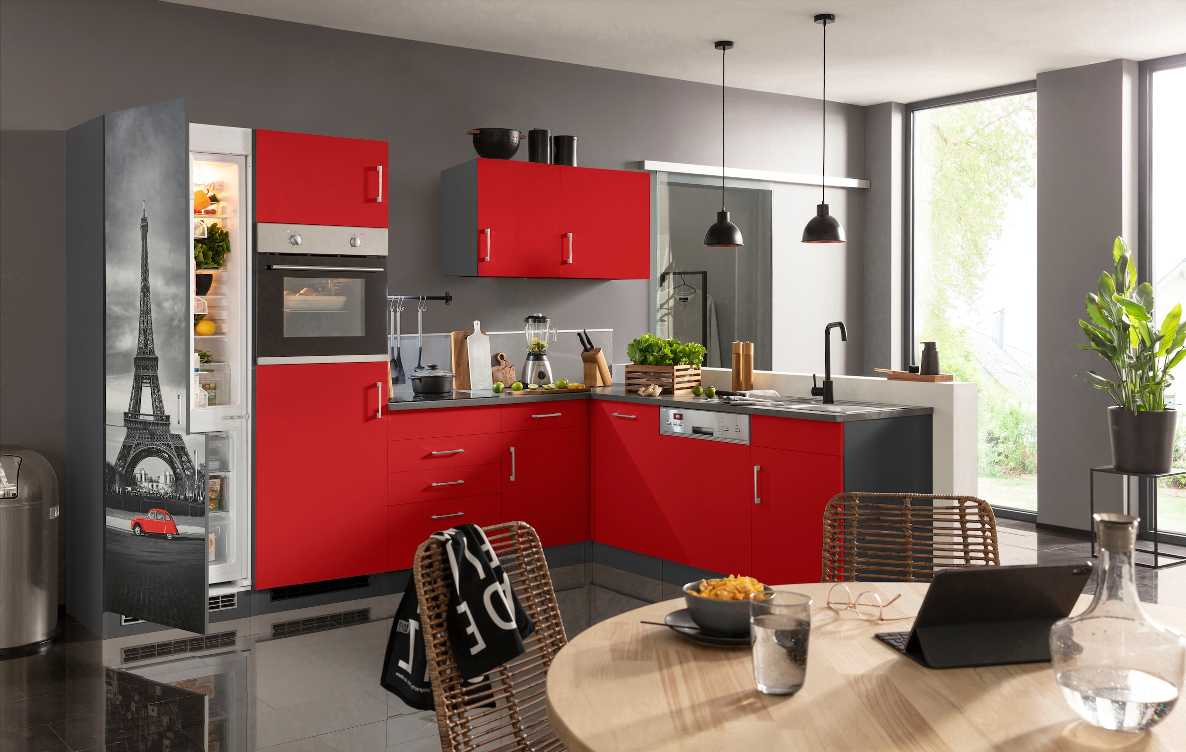 KOCHSTATION Küchenzeile »KS-Paris – Küchen mit einzigartigen Fotomotiven auf den Fronten« ohne E-Geräte, Stellbreite 290/220 cm