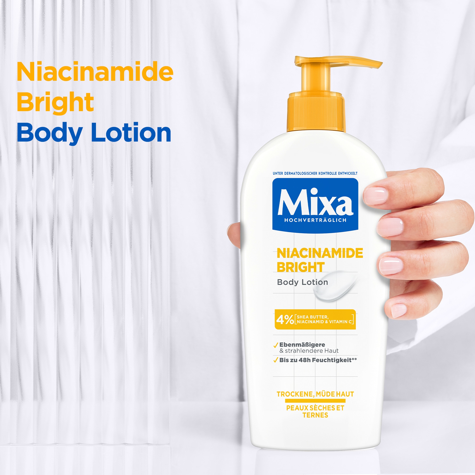 Mixa Körpermilch »Mixa Niacinamide Bright Body Lotion«, Pflegt müde und trockene Haut, sorgt für bis zu 48h Feuchtigkeit.