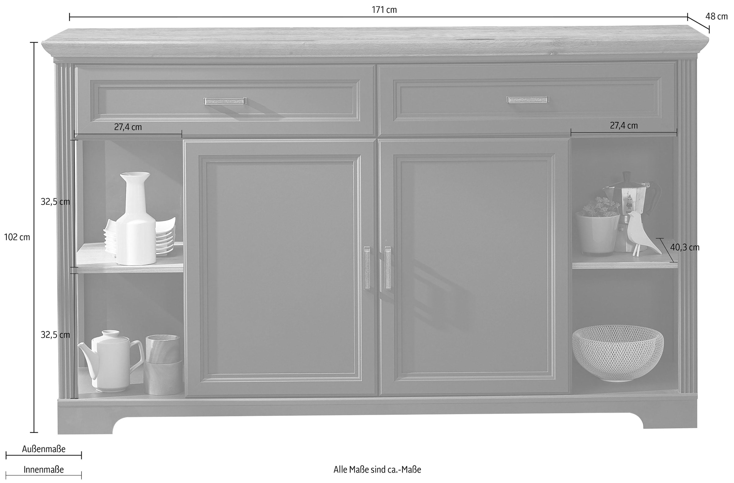 Innostyle Sideboard »Jasmin«, 4 Raten 2 Holztüren, Schubkästen, bestellen 171 Breite Fächere auf offene 2 cm