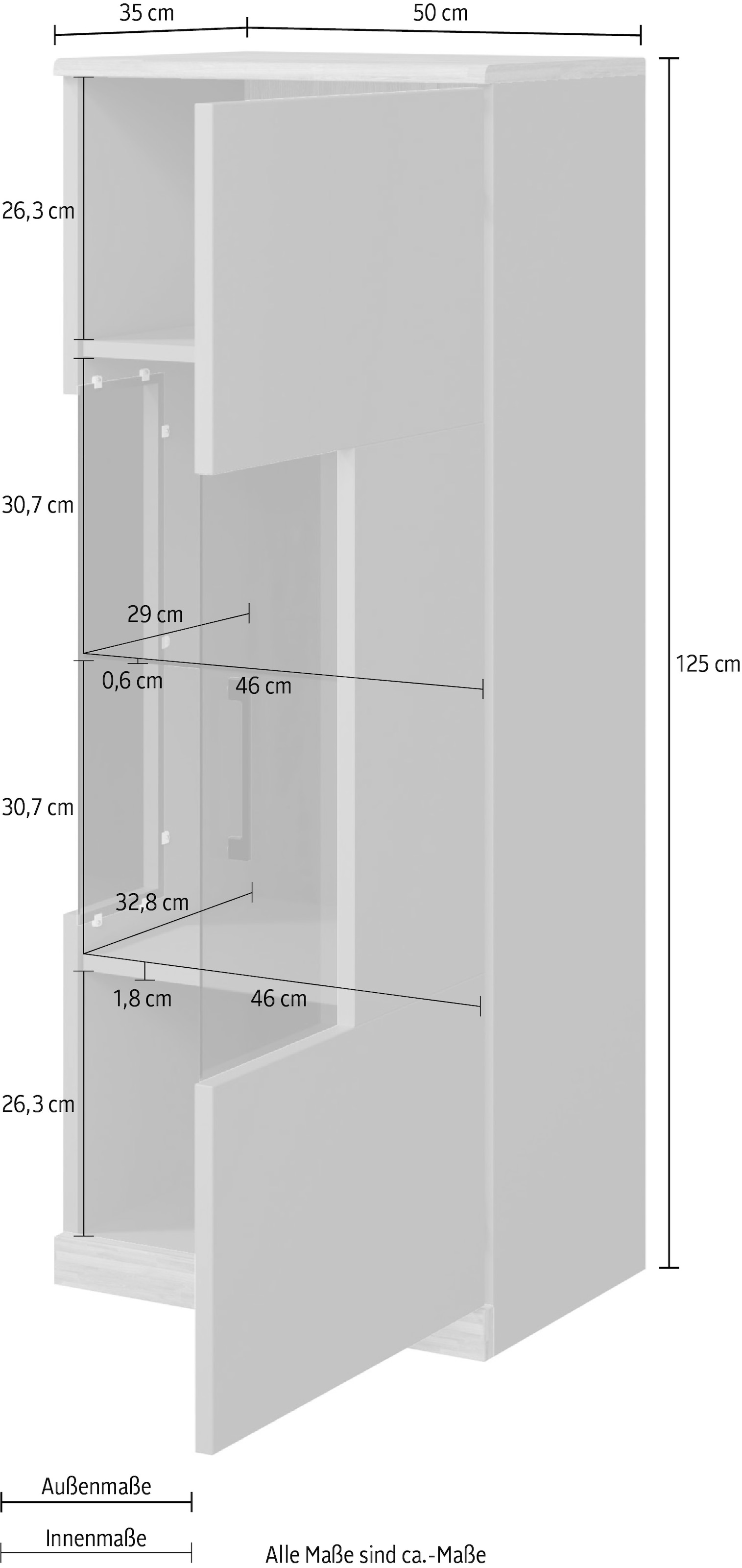 OTTO home Vitrine »Ribe,125cm hoch,4 Fächer,1Glasboden variabel einsetzbar« Oberplatte Eiche massiv,dunkles Glas, schwarze Metall Griffe