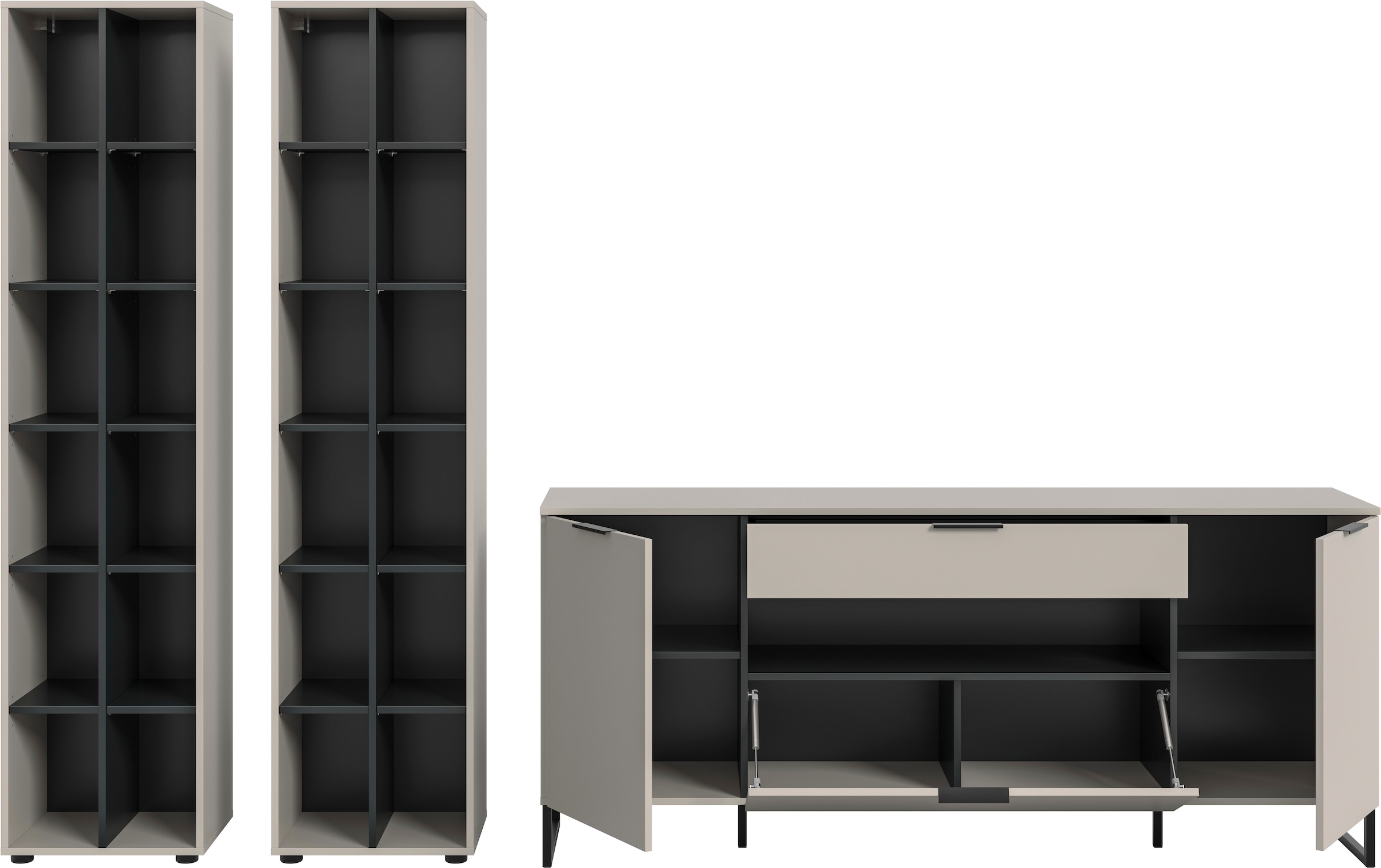 Home affaire Wohnwand »ADIO, Breite 305 cm, 3-teiliges Set, mit Metall-Kufenfüße« Set, bestehend aus: 2x Standregal und Sideboard, 3 Stk. tlg.