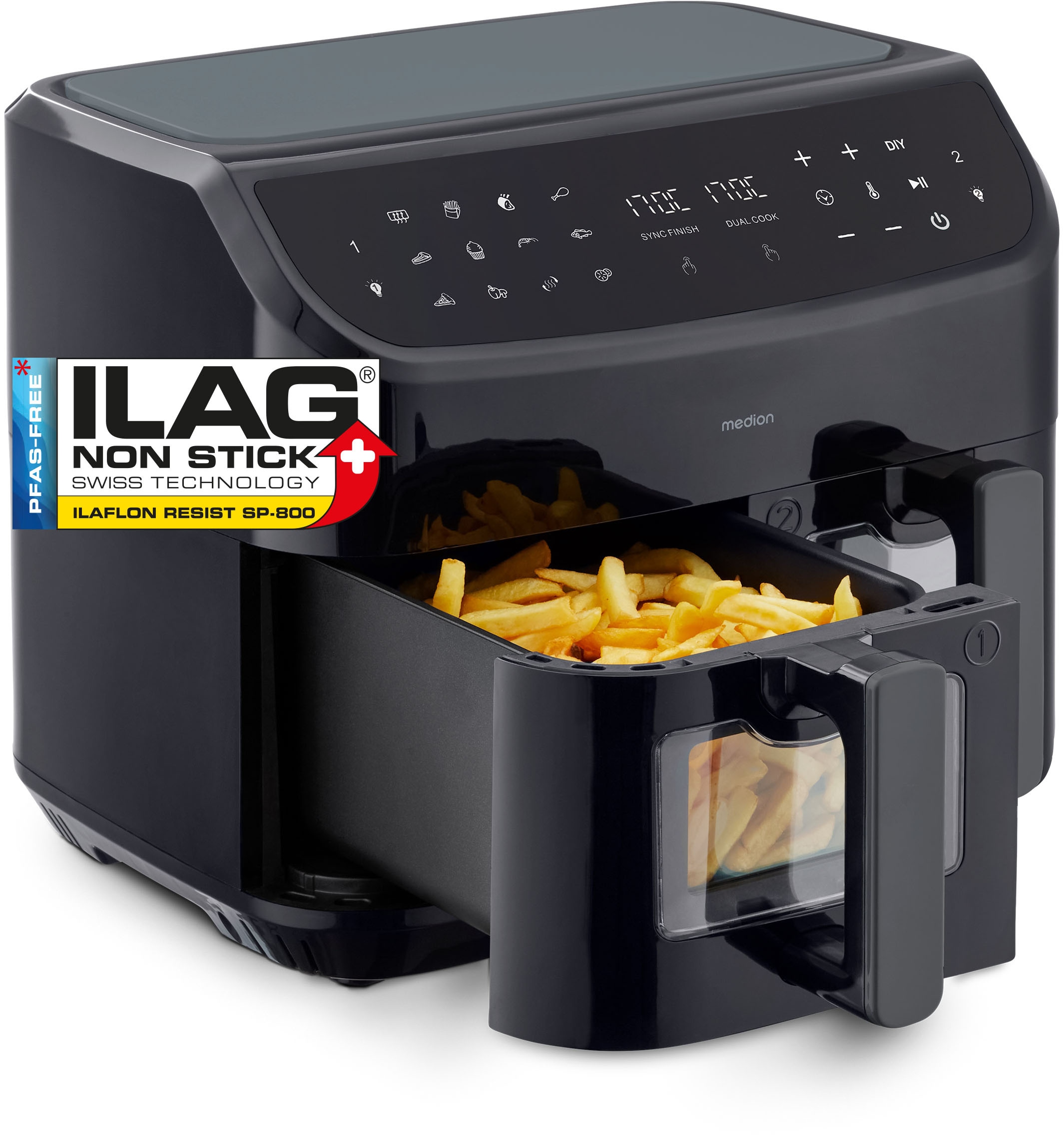 MEDION LIFE P20 XXL Twin DoppelzonenHeißluftfritteuse MD 11760, 2 separate Garzonen, 9 Automatikprogramme, 8,7 L Gesamt-Nutzinhalt, 2.600 Watt, Temperatur einstellbar bis 200 °C