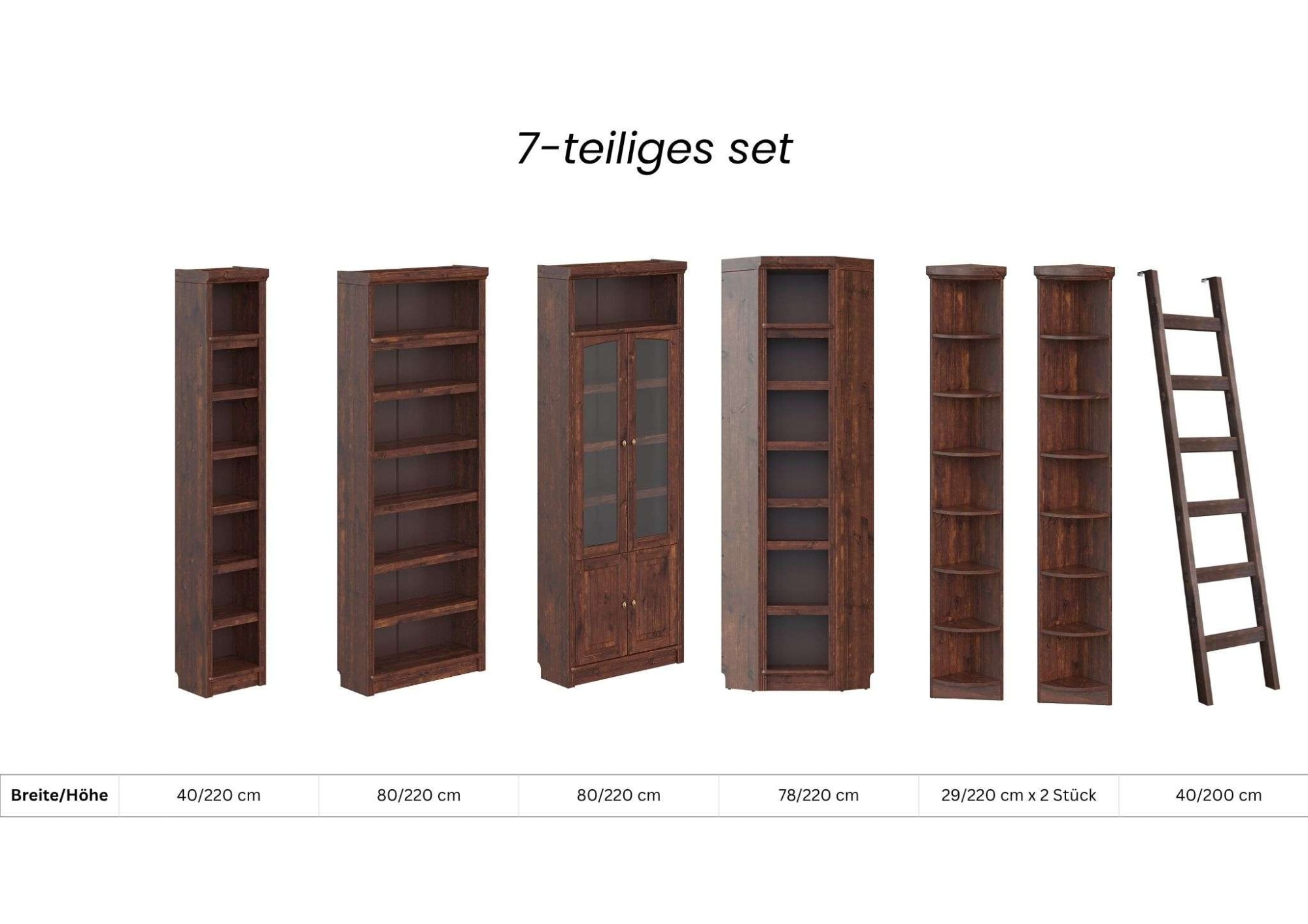 OTTO home Bibliothek »Soeren - 7-tlg. Set: mit 1 Regal B 80 cm., 1 Regal B 40 cm, 1 Eckregal« Set, 7 Stk. tlg. Inkl. 1 Vitrine,2 gerundeten Abschlussregalen und 1 Holzleiter,H220 cm