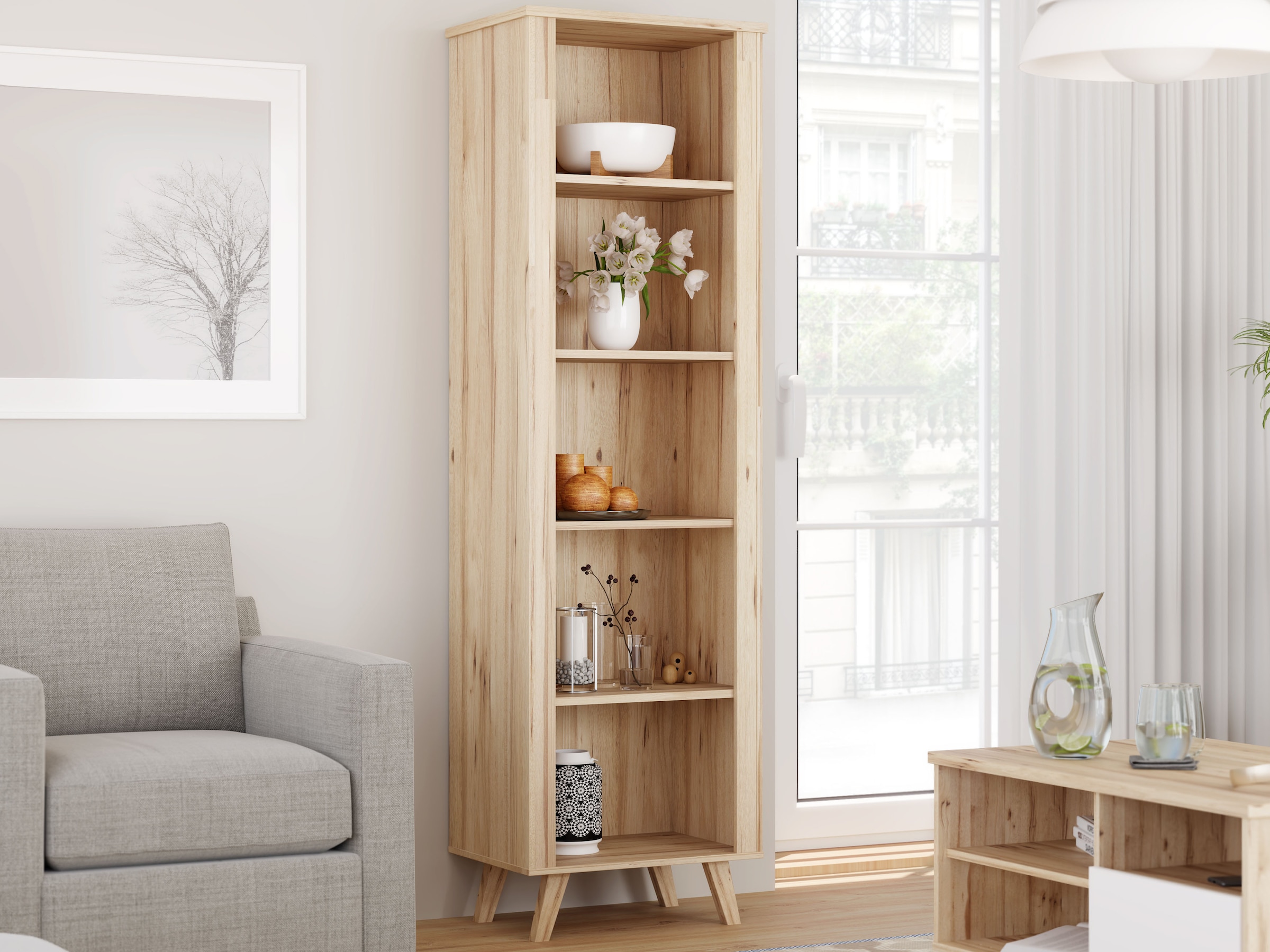FORTE Wandregal »Vankka Regal«, (B/H/T 59,7/201,5/41,7 cm), Regal, Holzfüße, 5 offene Fächer, Einlegeböden variabel einsetzbar
