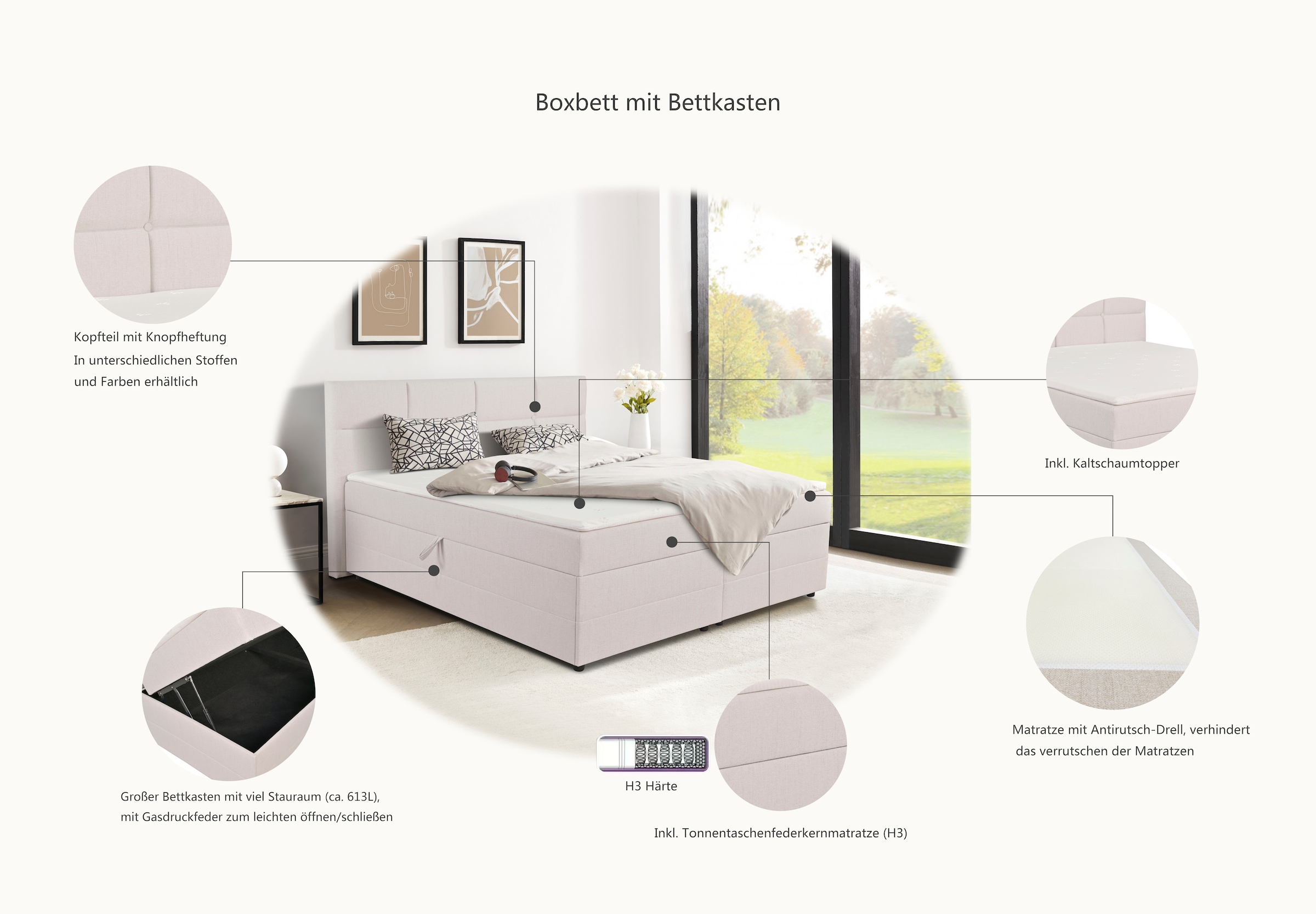 INOSIGN Boxbett »Fillmore inkl. Bettkasten, Liegefläche 180x200 cm, in Boxspring-Optik« inkl. Topper, erhältlich in verschiedenen Farben