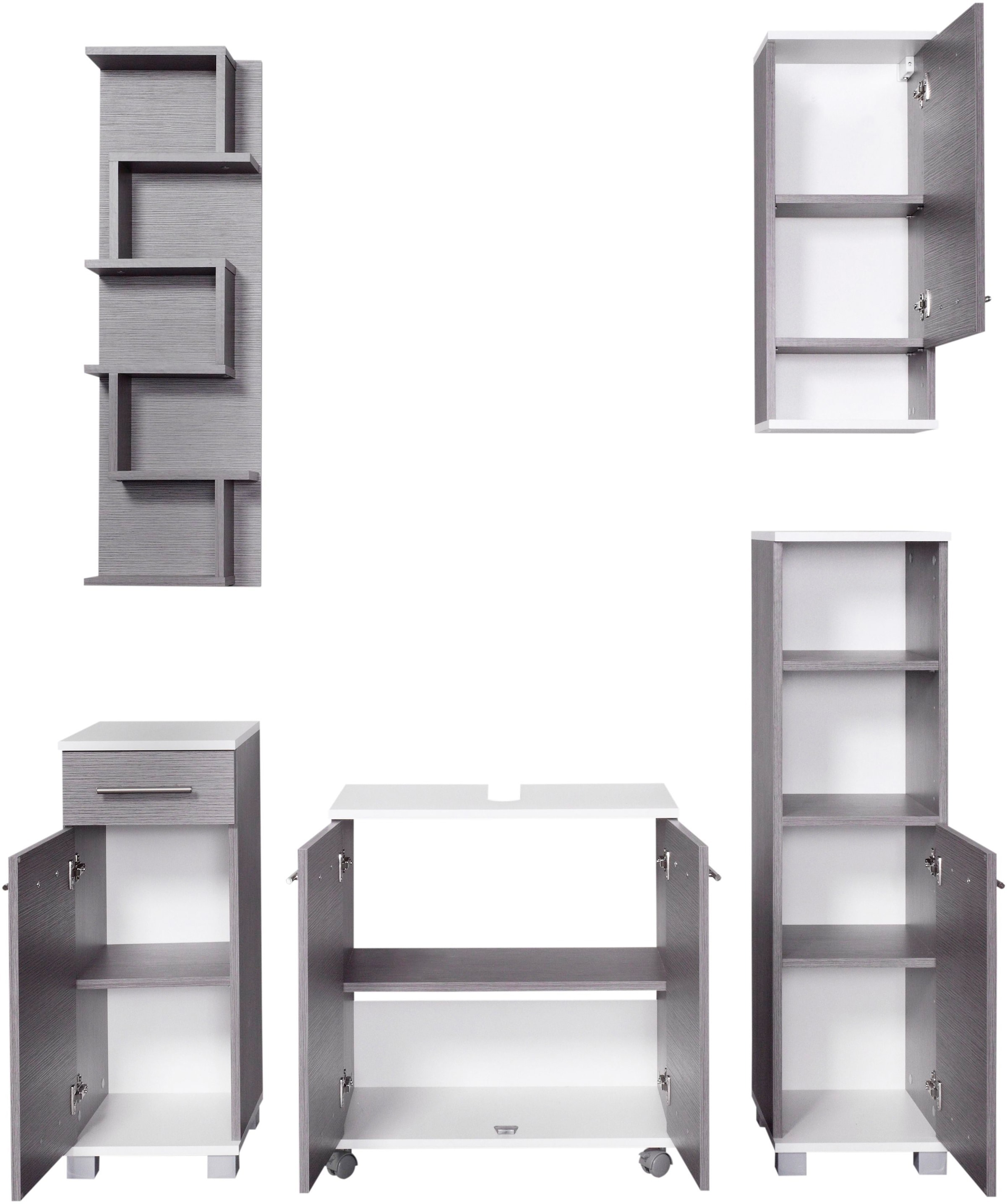 Raten »Rhodos«, bestellen St.), Schildmeyer mit (Set, verstellbare Einlegeböden 5 Badmöbel-Set auf Metallgriffen,