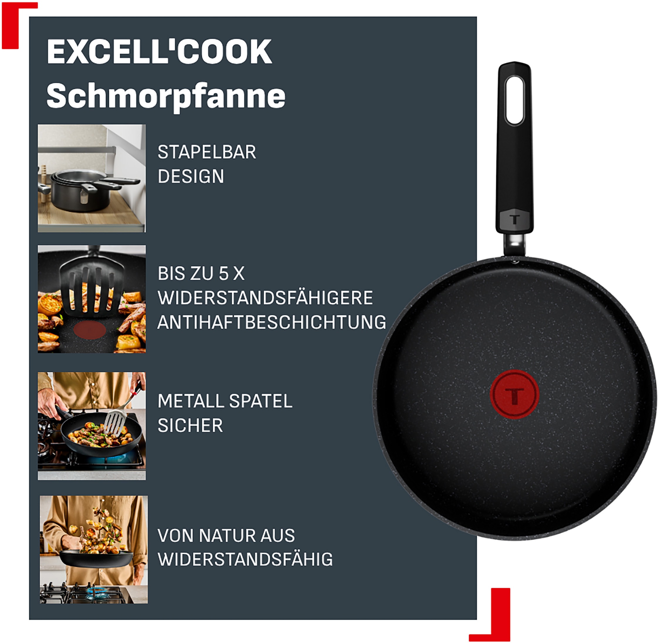 Tefal Schmorpfanne »Excell'Cook« Aluminium 1 Schmorpfanne 24 cm inkl. Glasdeckel,  leistungsstarke Antihaftbeschichtung, Induktion, metallspatelsicher