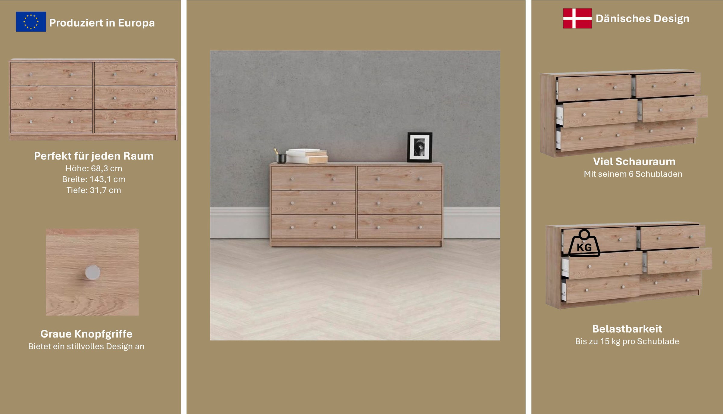 Home affaire Sideboard »May, Aufbewahrung, Schubkastenkommode, Stauraum«, mit 6 Schubladen, Knopfgriffen,Tiefe von 30 cm, Breite 143 cm