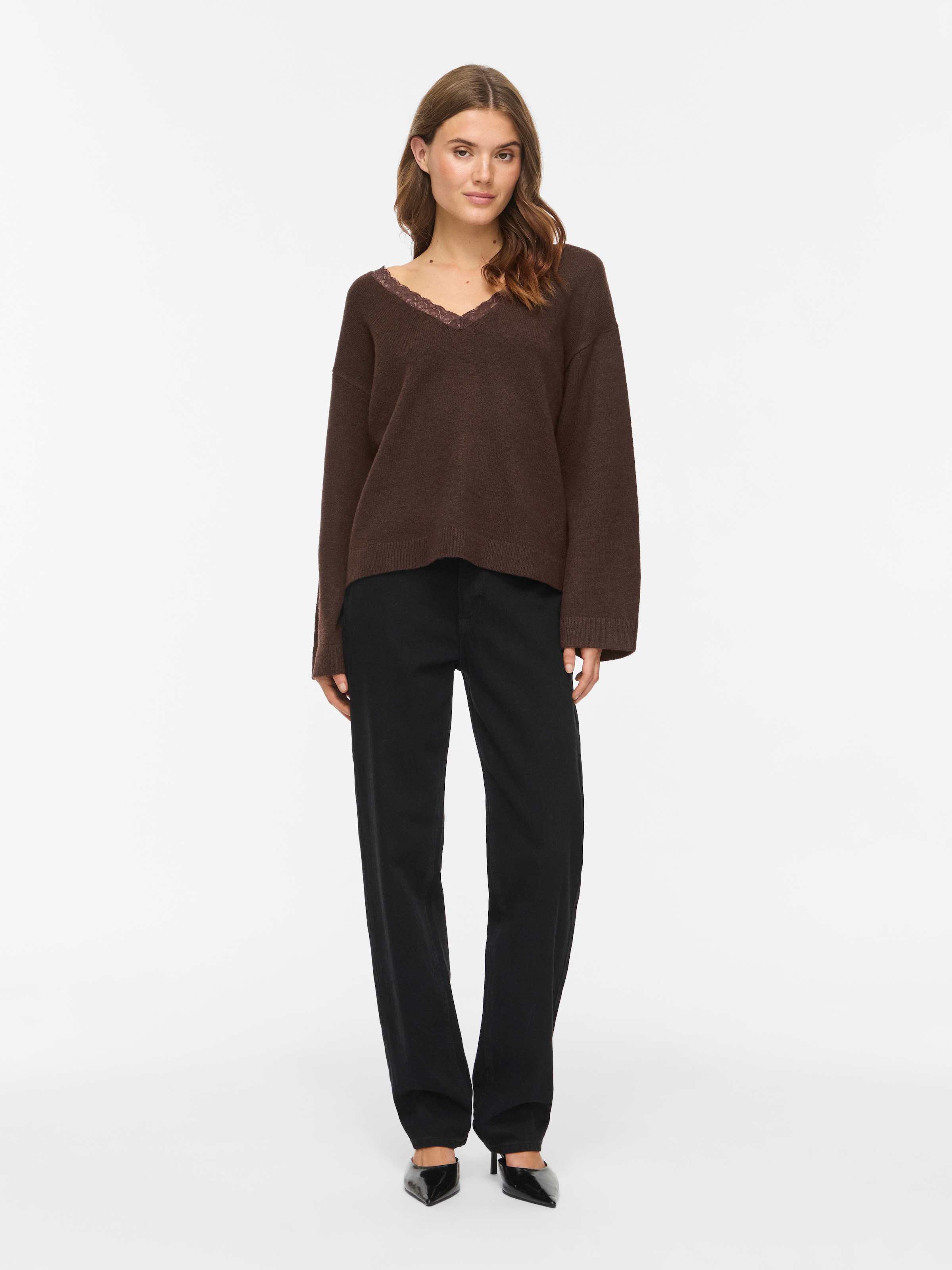 Vila V-Ausschnitt-Pullover »VILIGA L/S V-NECK REV LACE KNIT TOP-NOOS« Materialmix, Spitzen-Detail, regular fit