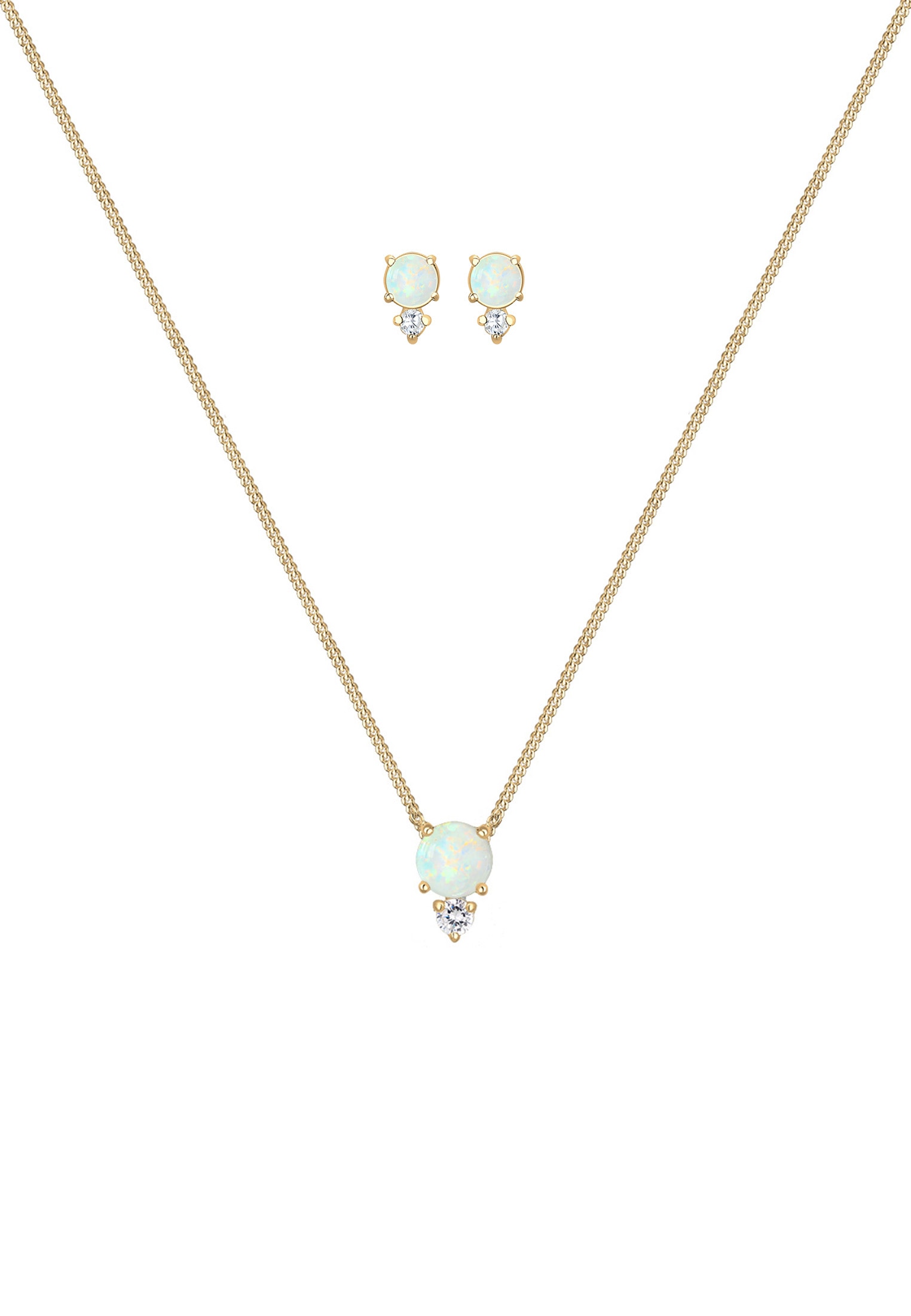 Elli Ohrring und Ketten Set »Schmuckset Zirkonia Synthetischer Opal Weiß 925 Sterling Silber vergoldet«