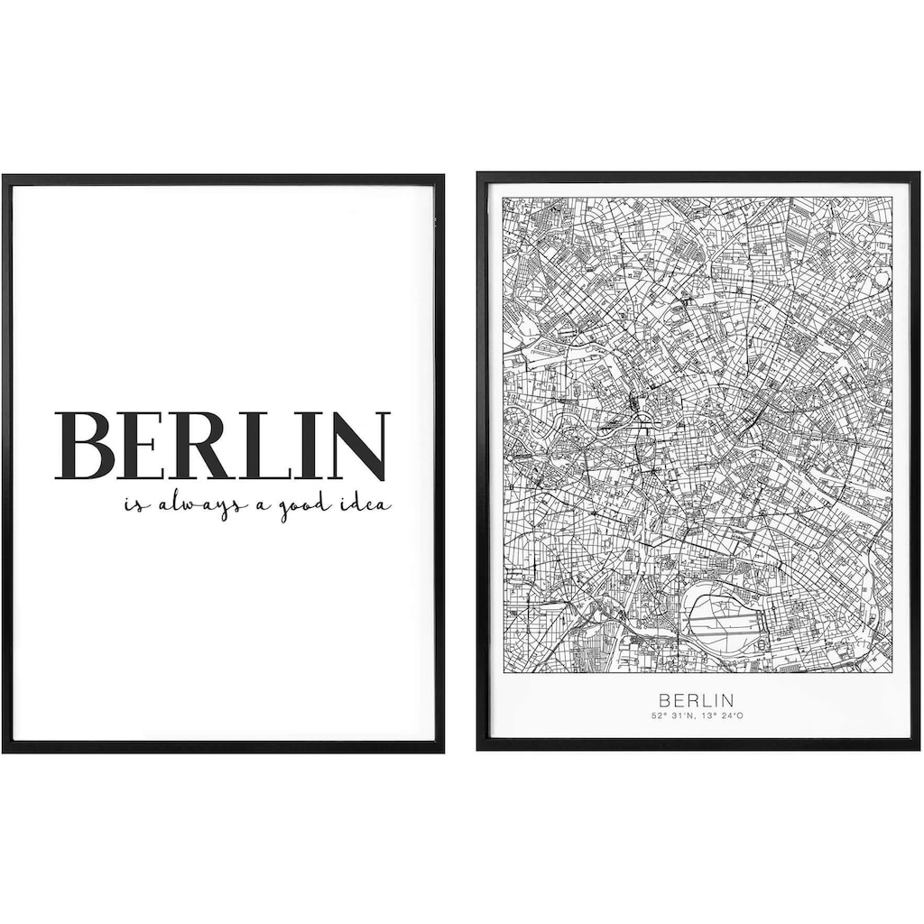 Wall-Art Poster »Berlin Stadtkarte Schriftzug Set«, Blumen, (Set, 2 St.)
