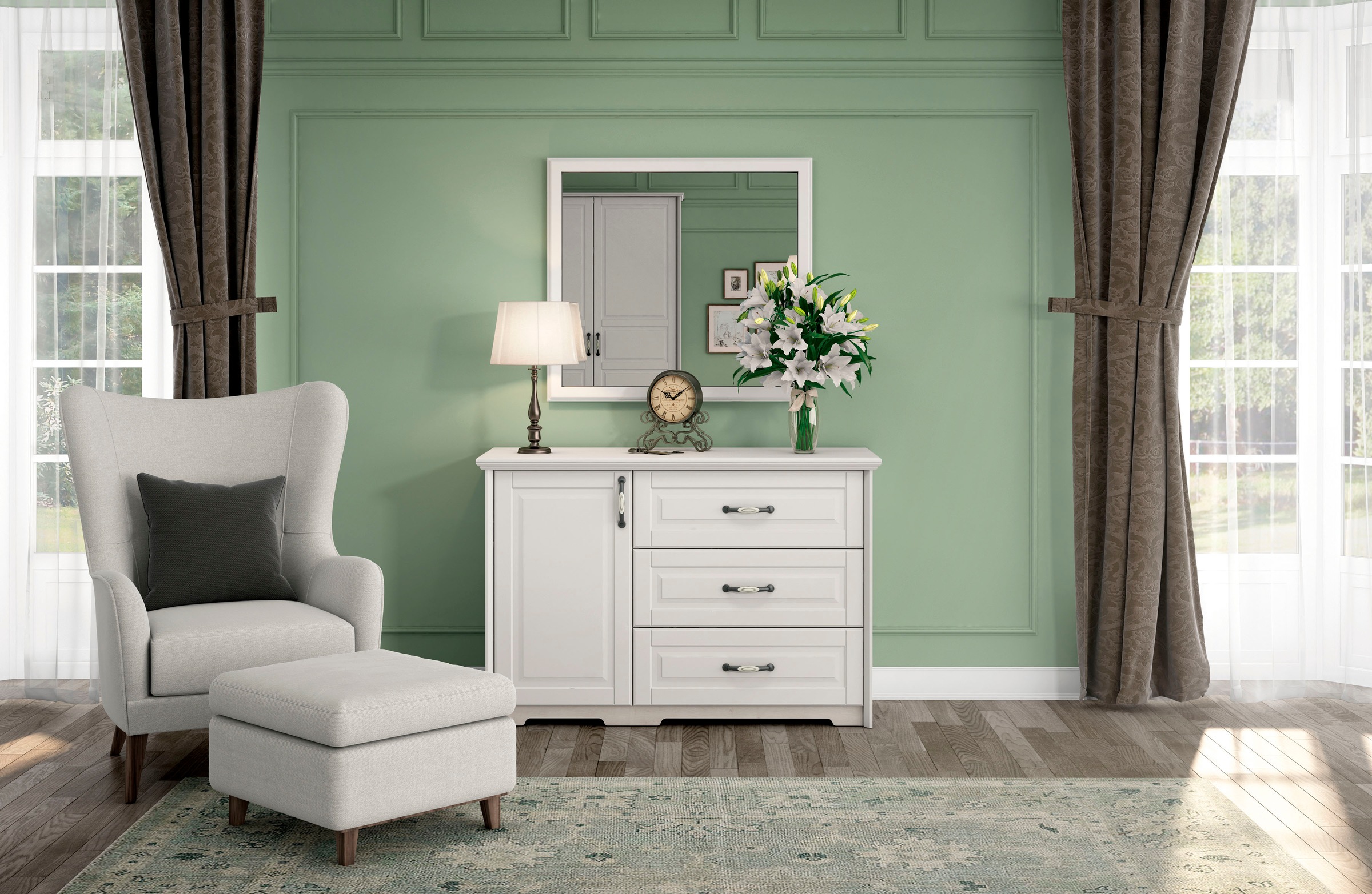 Home affaire Kombikommode »Evergreen, Maße: B/T/H 131/48/88cm, Soft-Close-Funktion«, (1-türig und 3 Schubladen), im klassischen Landhausstil,FSC-zertifiziert,hochwertige UV Lackierung