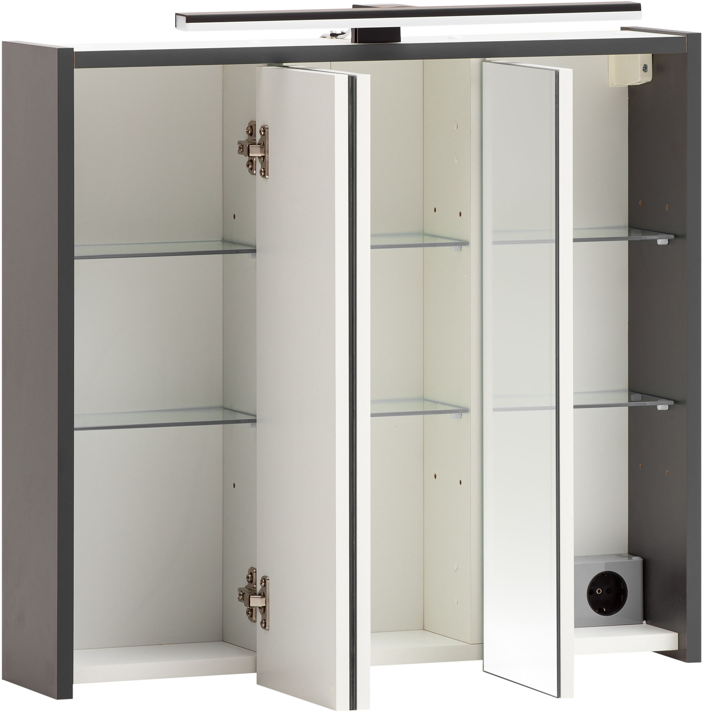Schildmeyer Spiegelschrank »Palermo, Breite 65 cm«, Mit LED-Leuchte und Steckdose, Metallbeschläge, Glaseinlegeböden