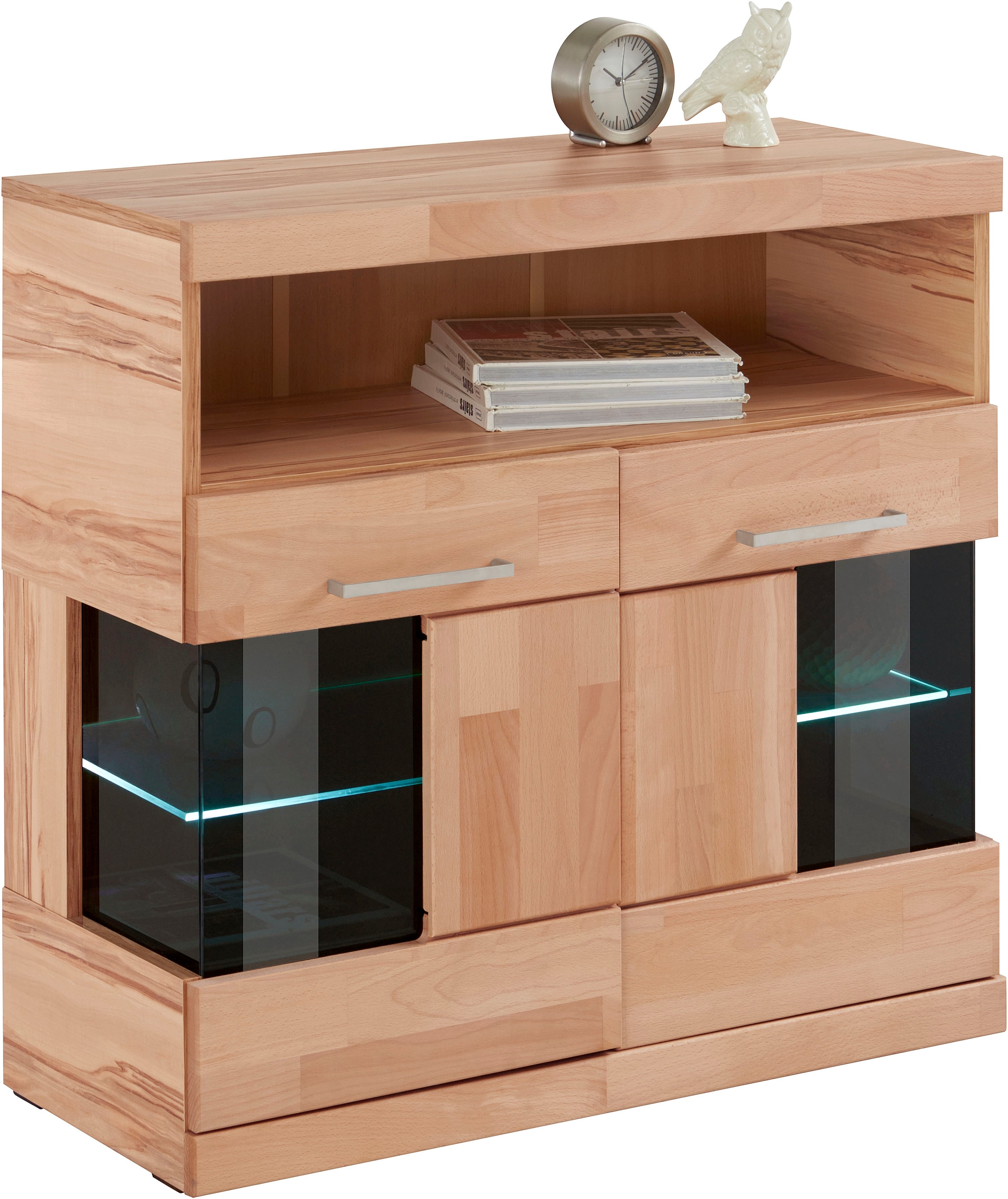 Home affaire Kommode »Ribe 85cm breit,35 cm tief, Fronten Massivholz,2 Türen mit Glaseinsatz«, Holz massiv, Holzwerkstoff,3 breite Fächer