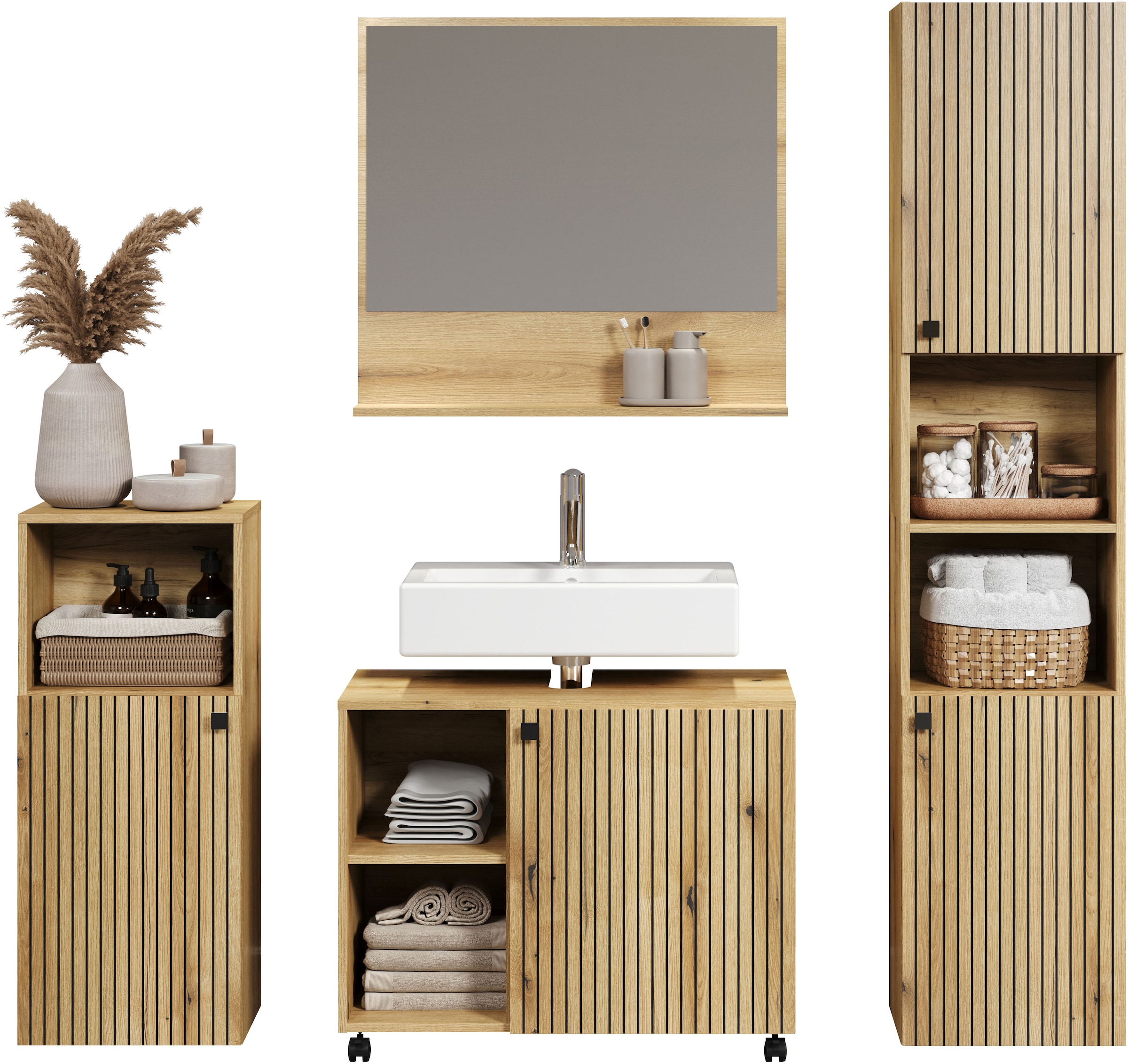 welltime Badmöbel-Set »Amrum Waschbeckenunterschrank Spiegel Hochschrank Badschrank«, (Komplett-Set, 4 St.), 4-teiliges Badmöbel-Set Eiche Rillenoptik - Maße (B/T/H) 180/42/186 cm