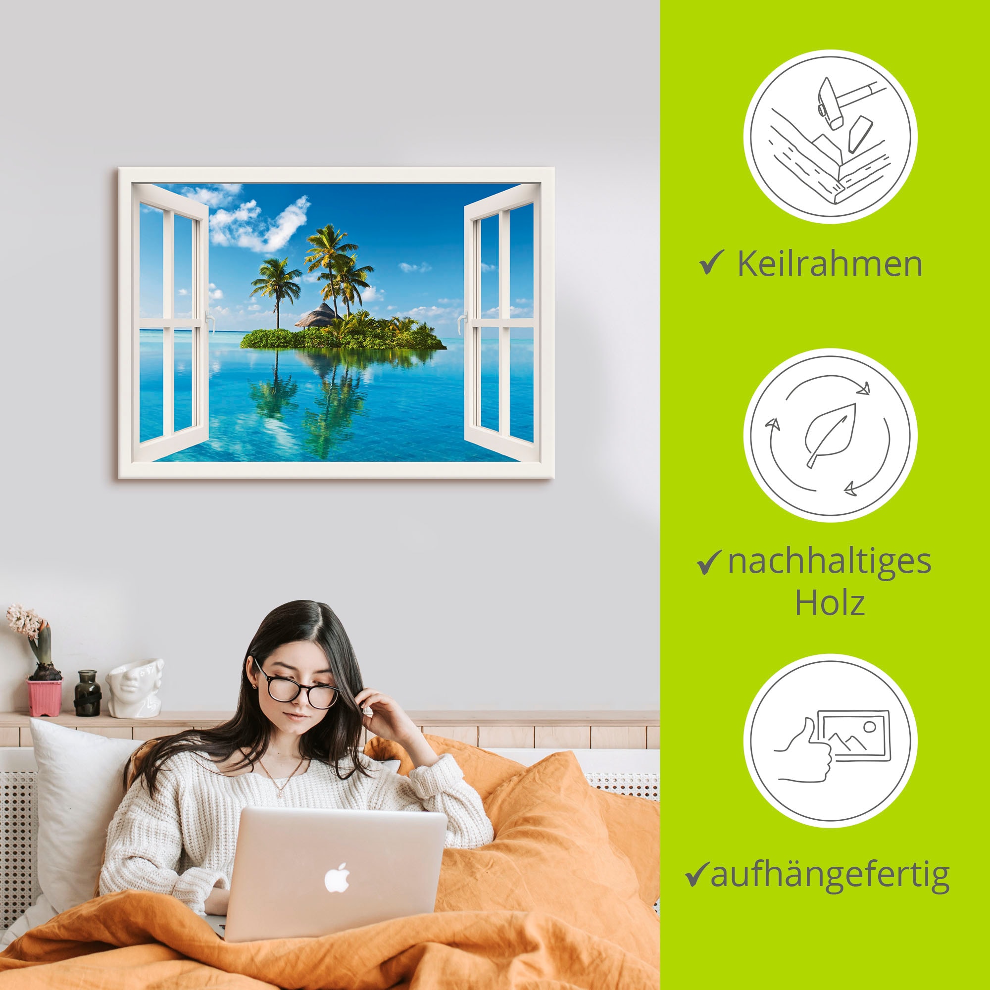 Artland Wandbild »Fensterblick Insel Palmen Meer« Fensterblick 1 Stk. tlg. als Leinwandbild, Poster, Wandaufkleber in verschied. Größen