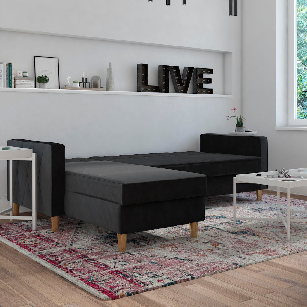 Cosmo Living Ecksofa »Liberty«, mit Schlafffunktion, Recamiere mit Stauraum beidseitig montierbar