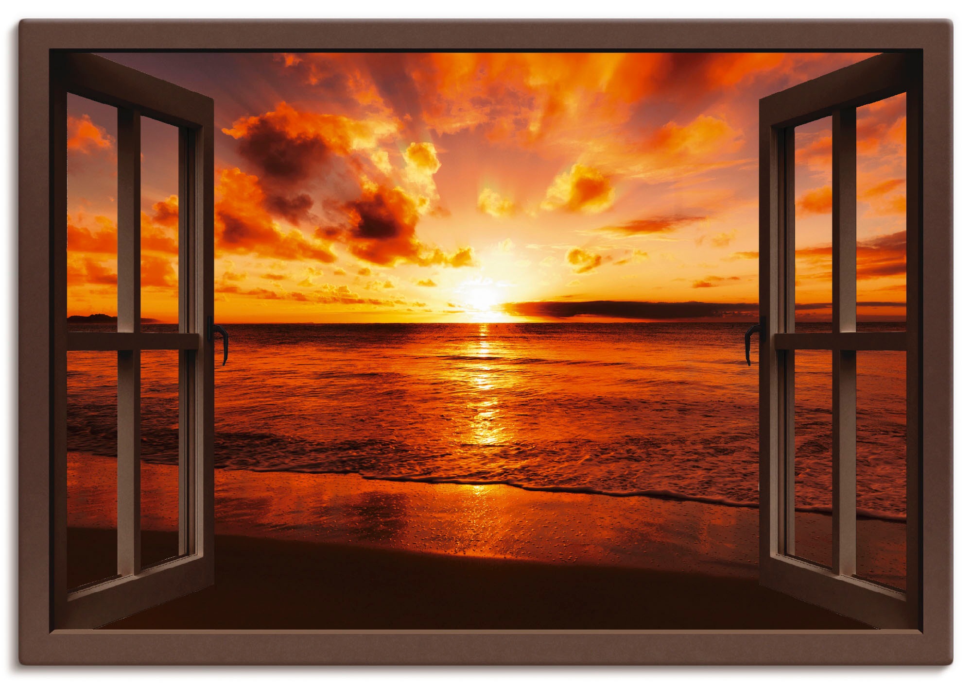 Größen Leinwandbild, am versch. in (1 bestellen Sonnenuntergang »Fensterblick Fensterblick, als auf Rechnung Artland Wandaufkleber Strand«, Wandbild St.), oder Poster