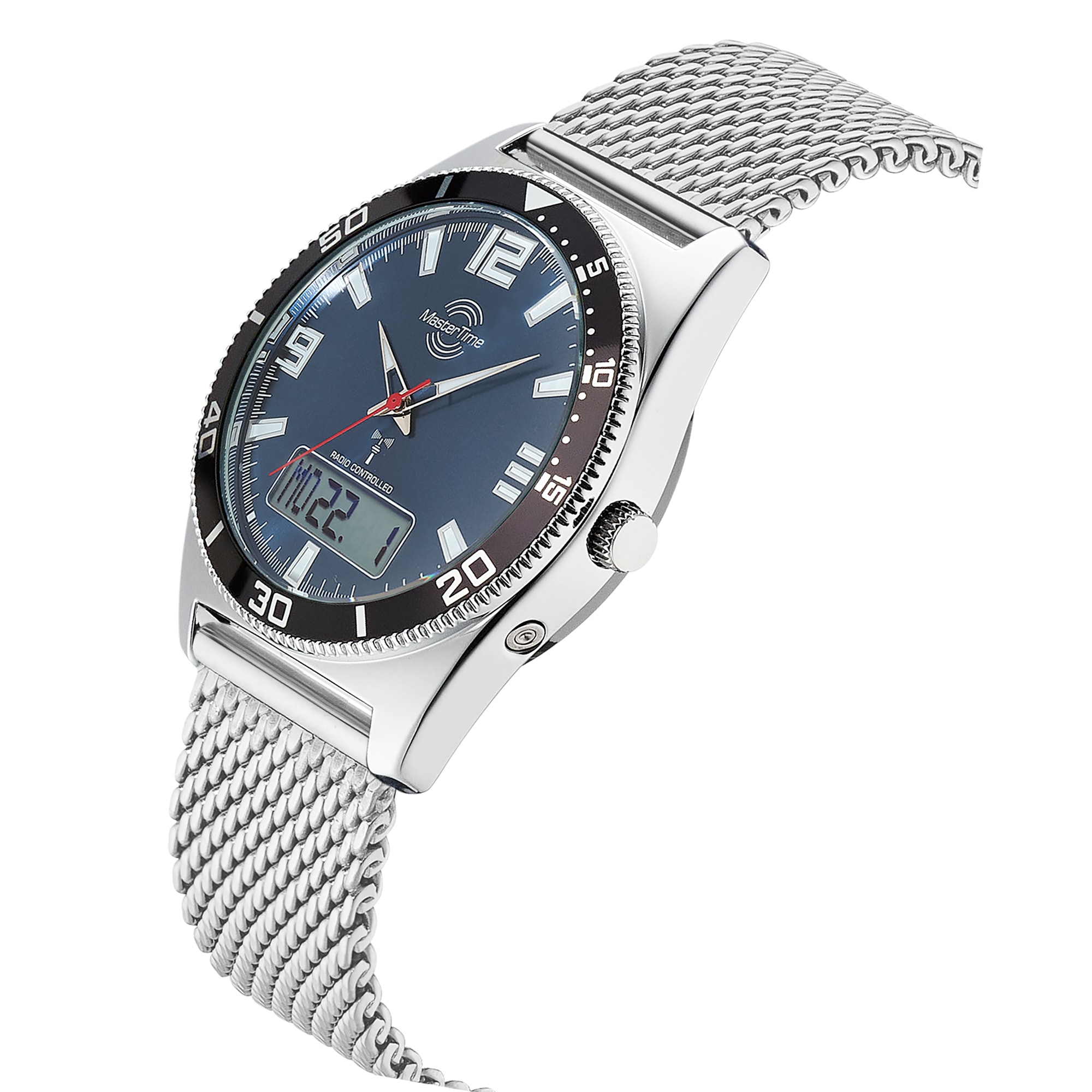 MASTER TIME Funkchronograph Quarzuhr, Armbanduhr, Herrenuhr, Edelstahlarmband, analog, digital