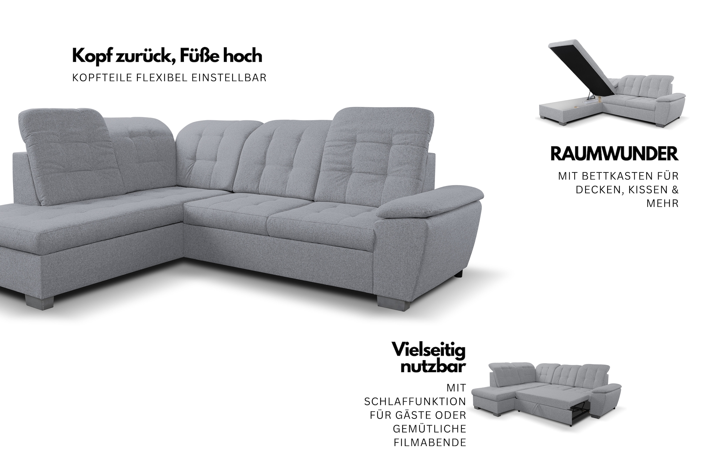 WERK2 Ecksofa »Bonny inkl. Kopfteilverstellung, Bettfunktion, Stauraum, L-Form« Komfortwunder mit Schlaffunktion, verstellbarem Kopfteil & Stauraum.