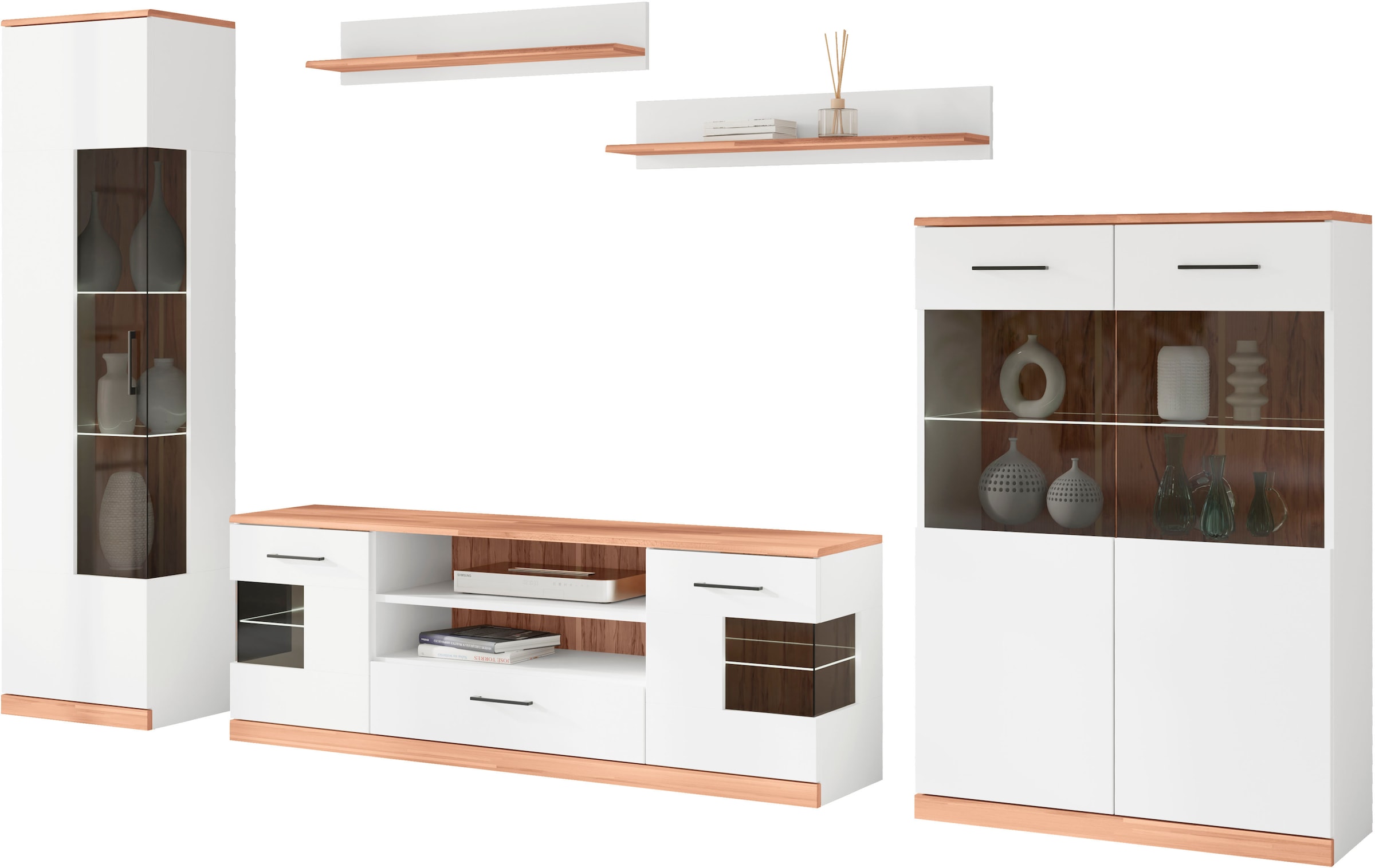 Home affaire Wohnwand »Ribe Wohnwand Set-5 St.« Set, 5 Stk. tlg. Glaseinsatz aus gehärtetem Glas,Böden teilweise versetzbar