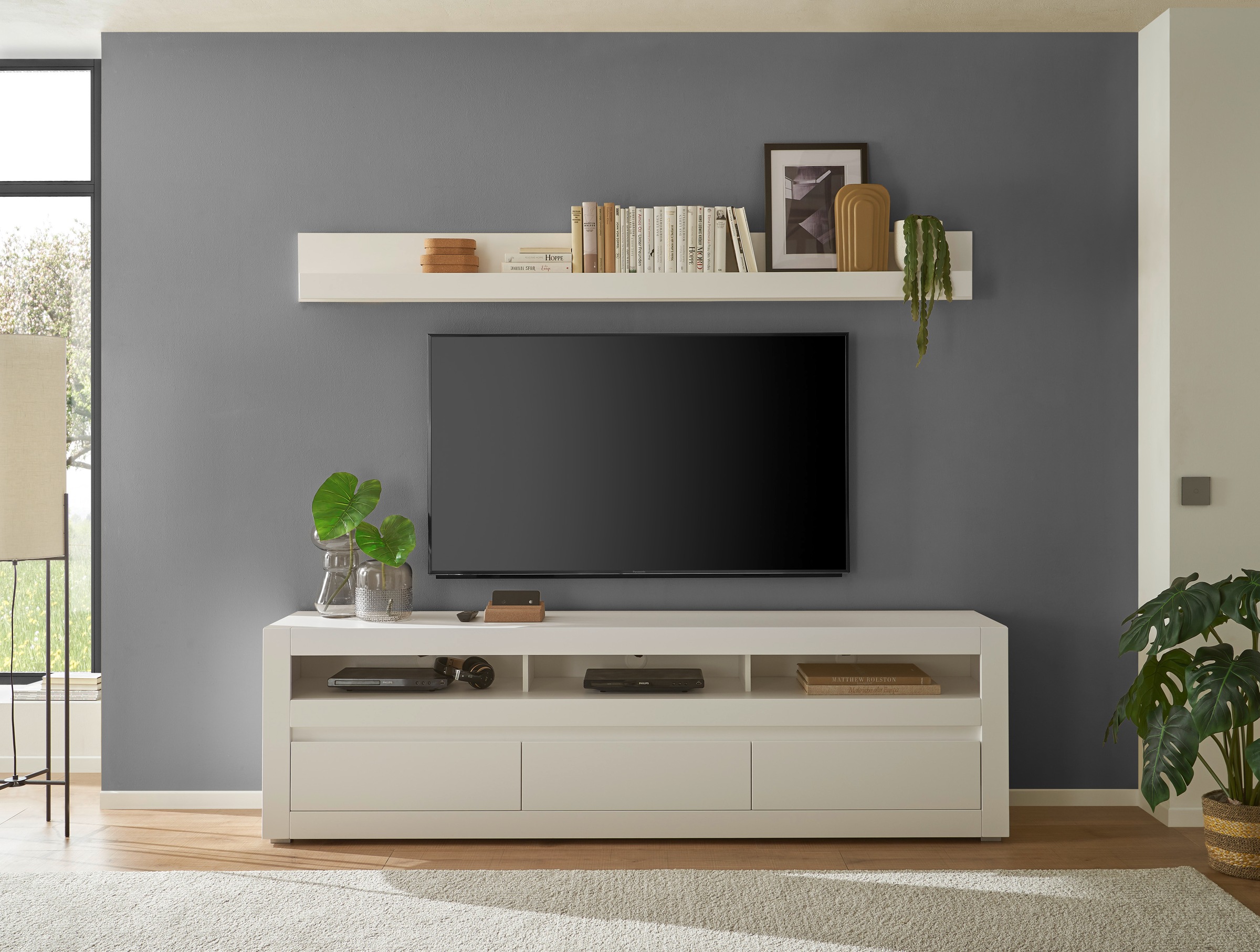 INOSIGN Wohnwand »Anbauwand in Weiß Matt, Wohnzimmer-Set mit austauschbarer Blende«, (Set, 2 St.), enhält Lowboard, Wandboard, zeitloses Design, 217 cm breit