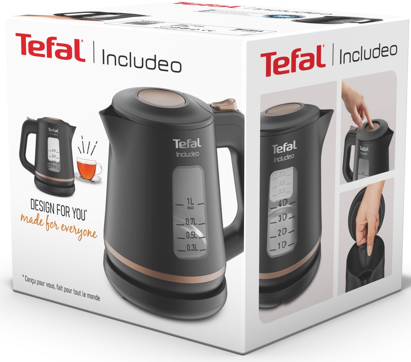 Tefal Wasserkocher »KI5338 Includeo« 1 l 2400 W Anti-Rutsch-Griff, Wasserstandsanzeige, herausnehmbarer Filter