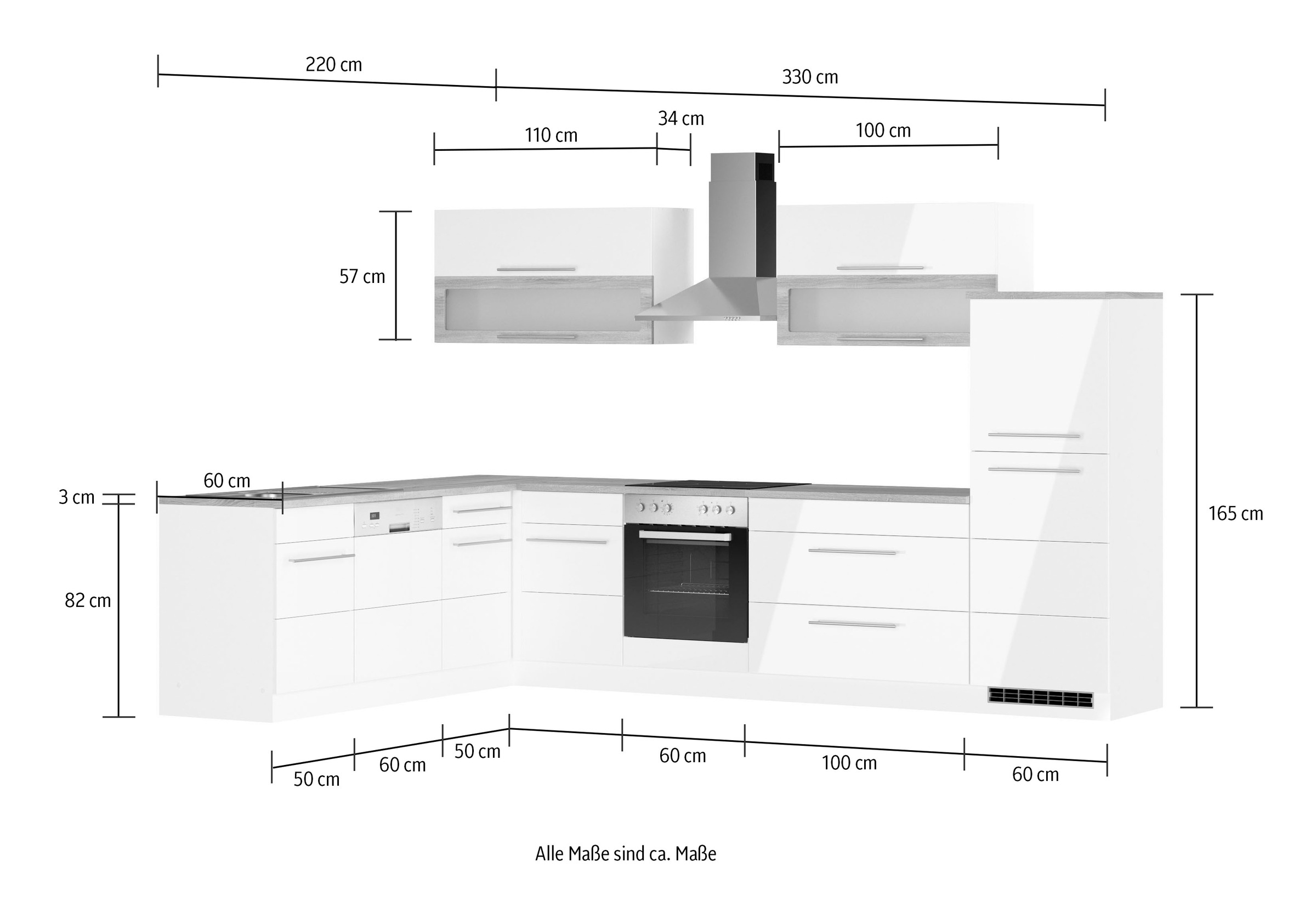 KOCHSTATION Winkelküche »KS-Wien«, Stellbreite 220 x 330 cm, wahlweise mit E-Geräten