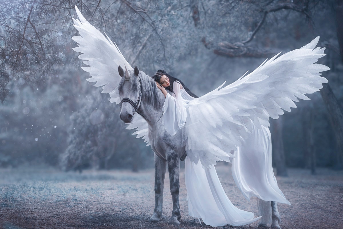 Papermoon, Fototapete »EINHORN MIT FEE IM MÄRCHENWALD«, bunt, Vlies, B/L: 4,5 m m x 2,8 m m - Bahnen: 9 Stk. St., bunt