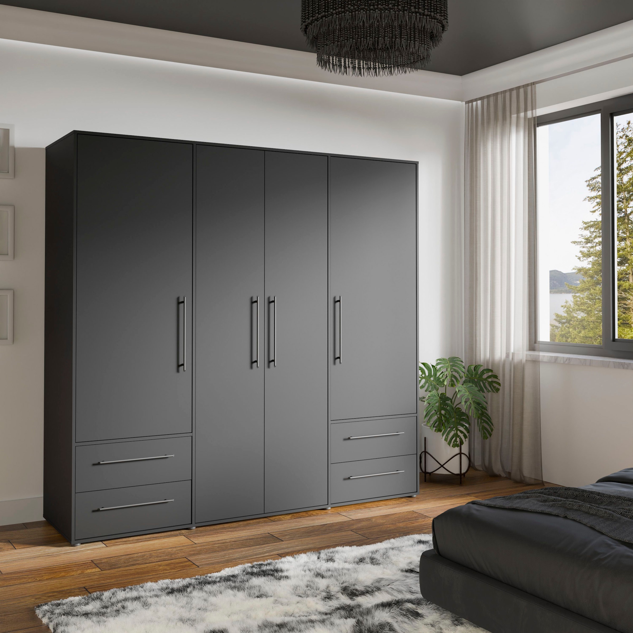 FORTE Drehtürenschrank »Mokkaris, TOPSELLER! 3 oder 4 Türen, zeitloses Design«, (BHT ca. 145x200x59cm oder BHT ca. 206x200x59cm), Schubladen + schwarze Stangengriffe, Made in Europe, viel Stauraum