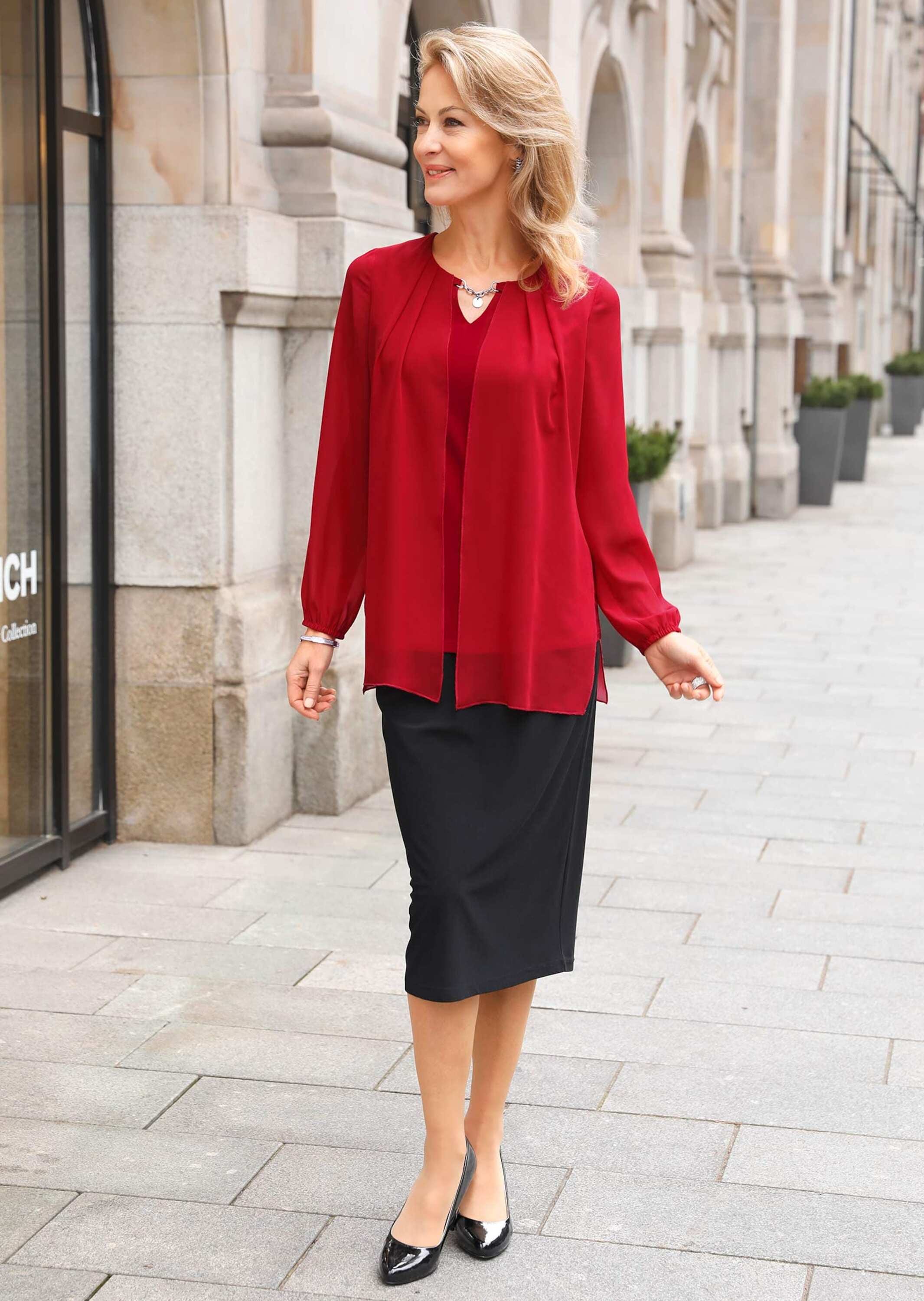 GOLDNER Kurzarmbluse »Kurzgröße Festliche Bluse mit Chiffonüberwurf und Schmuckelement«