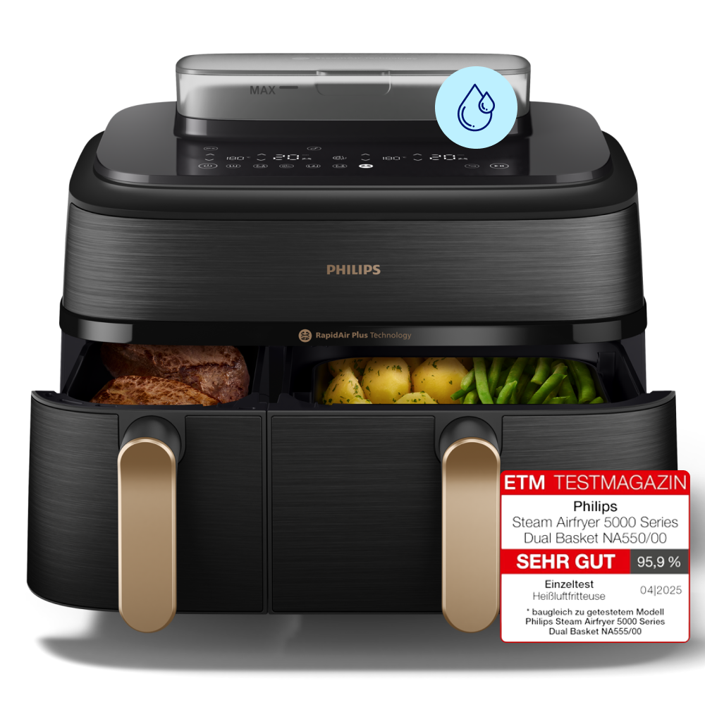 Philips Heißluftfritteuse »NA555/00 Steam Airfryer 5000 Series Dual Basket, 9L Kapazität (3L+6L)« 2750 W mit Dampfgar-Funktion; Silber/Edelstahl