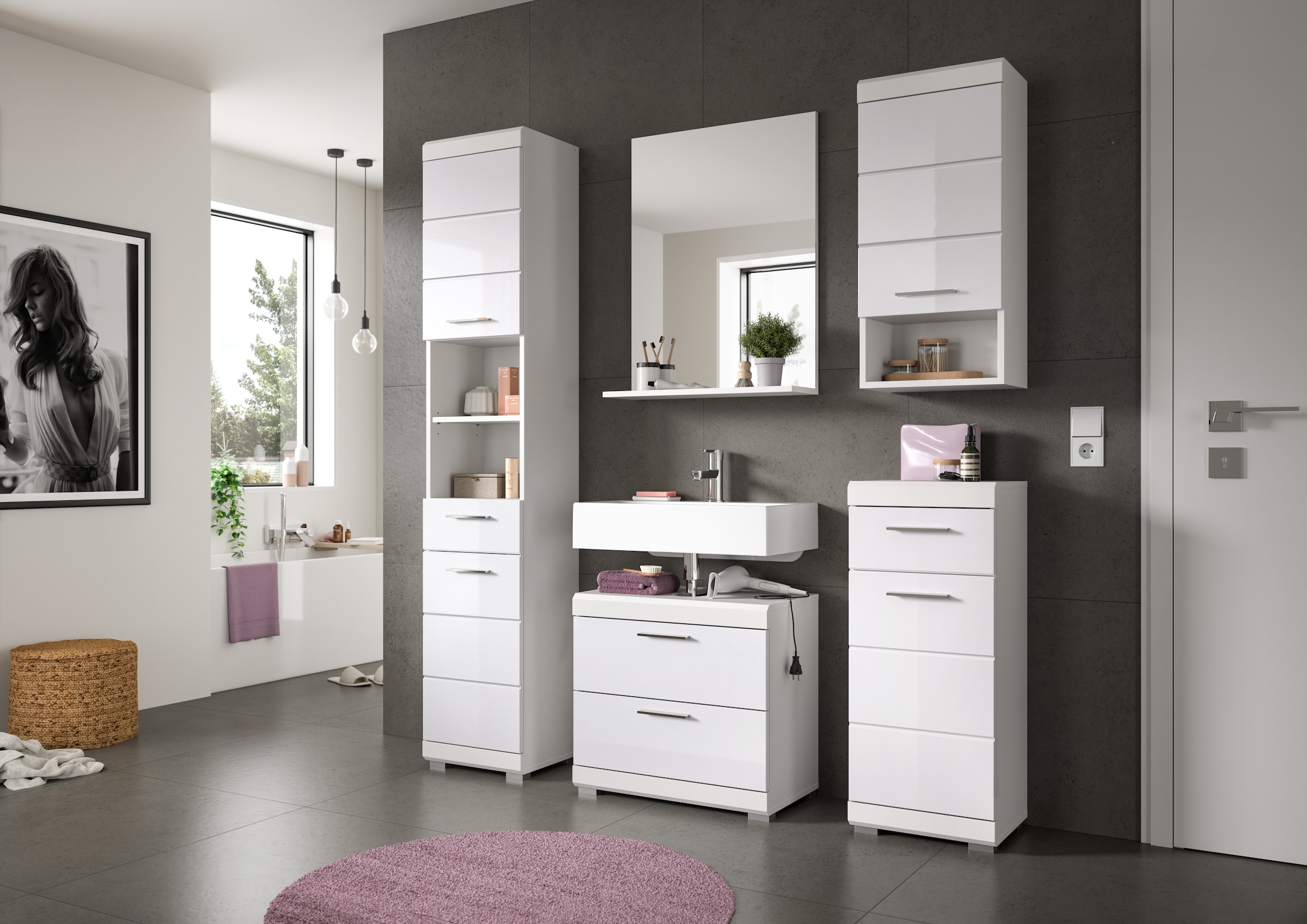 INOSIGN Badmöbel-Set »Siena, 4 teilig, bestehend aus:«, (Set), Waschbeckenunterschrank, Spiegel, Unterschrank, Hängeschrank