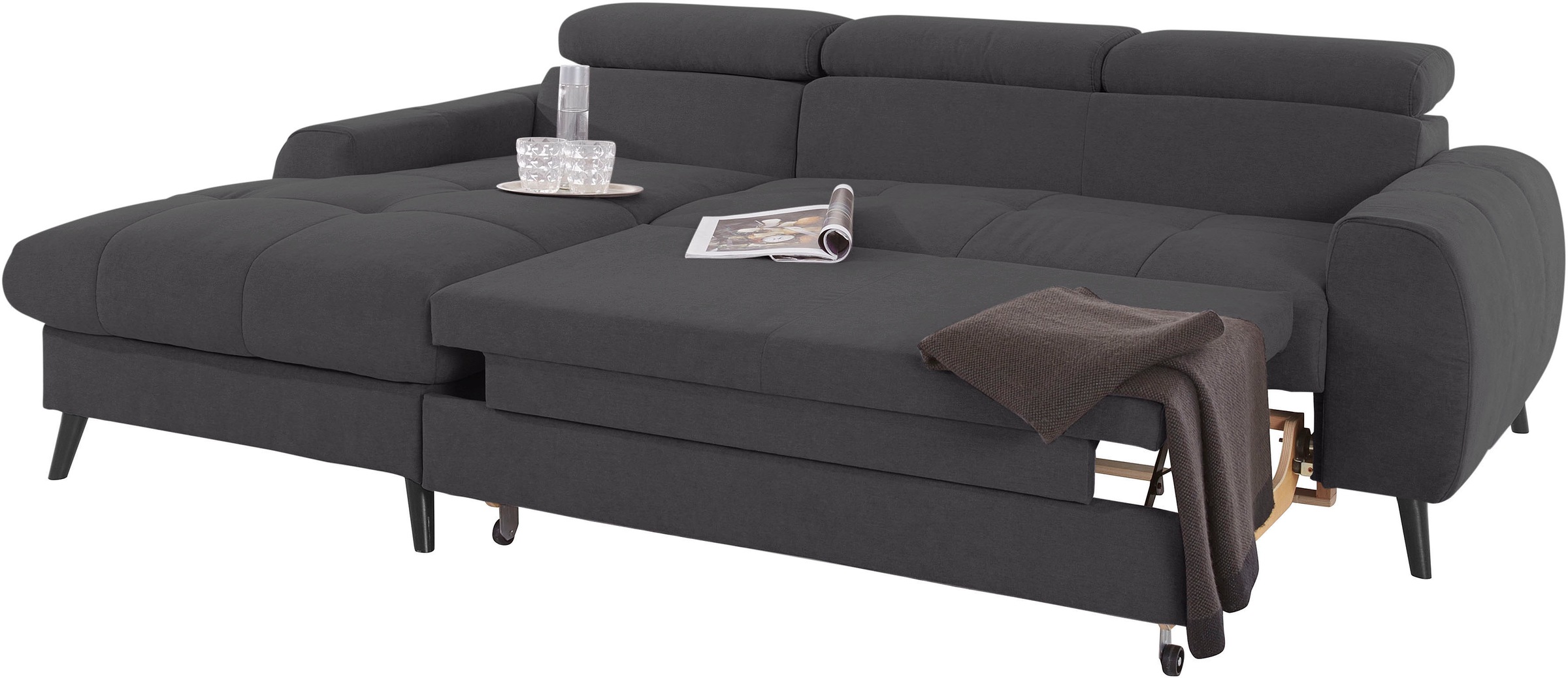 COTTA Ecksofa »Mia L-Form mit 3 Zierkissen«, wahlweise mit Bettfunktion, Bettkasten, Beleuchtung & Wireless-Charger