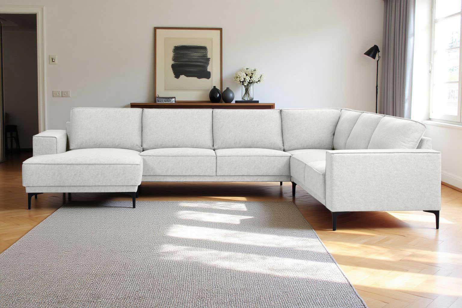 PLACES OF STYLE Wohnlandschaft »XXL Sofa Oland, Struktur, Flachgewebe, Luxus-Microfaser, Boucle« U-Form, 342 cm, Wellenunterfederung, Skandi-Design, Metallfüße