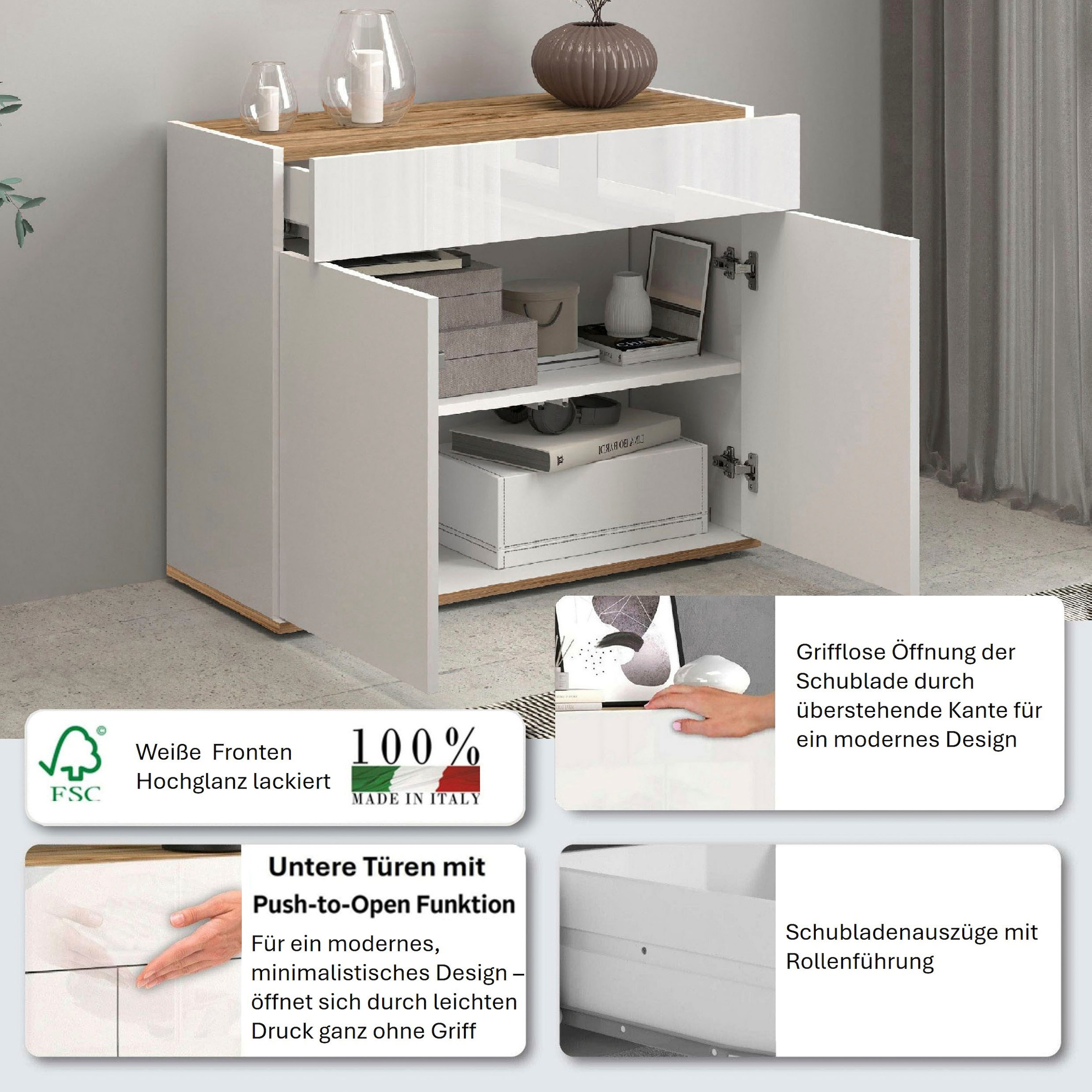 OTTO home Sideboard »Garda, Kommode, Schrank, 2 Türen, 1 Schublade, Made in Italy« Hochglanzlackierte Fronten, Korpus matt, grifflos, Breite 80,9 cm