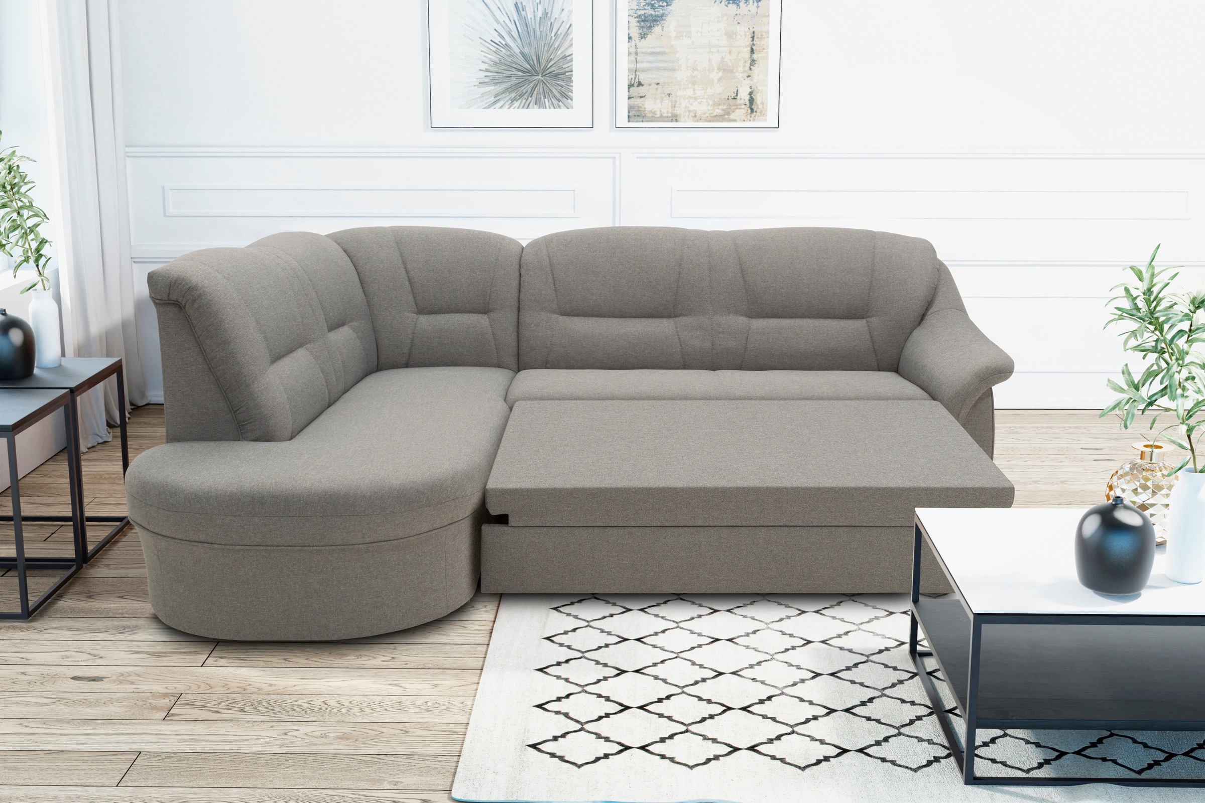 DOMO collection Ecksofa »Faenza für kleine Räume, Stellmaße 232,176cm, komfortabel, L-Form«, mit Ottomane, zeitlos, elegante Armlehnen, wahlweise mit Bettfunktion