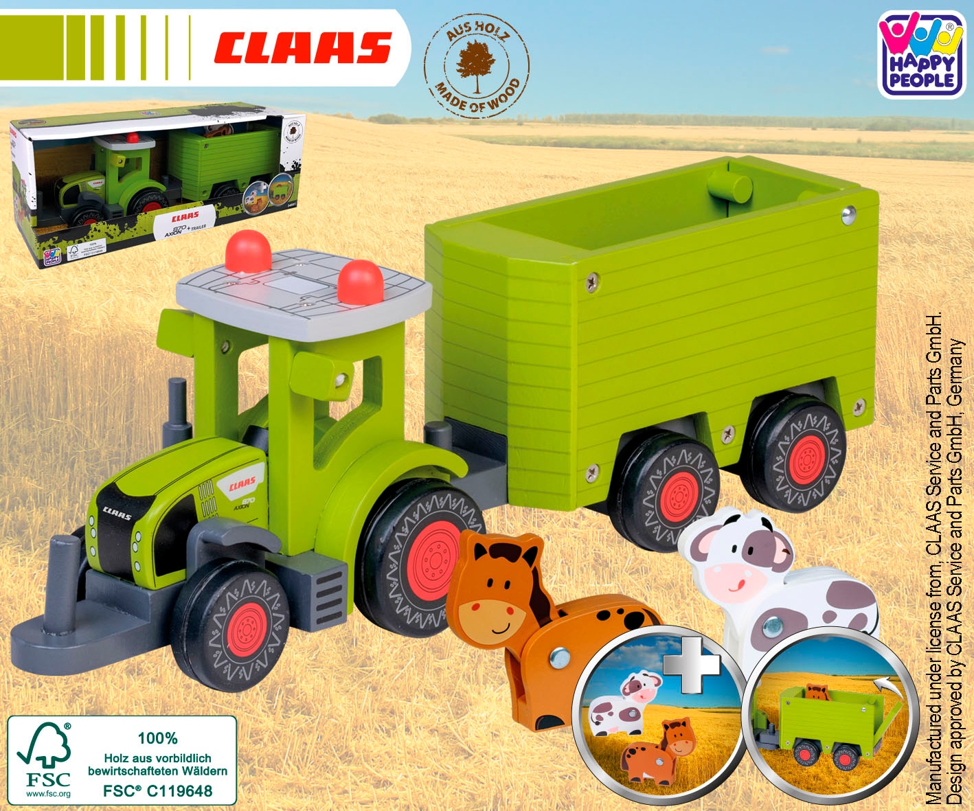 Happy People Spielzeug-Traktor »CLAAS Kids Axion 870«, aus Holz, mit Viehanhänger