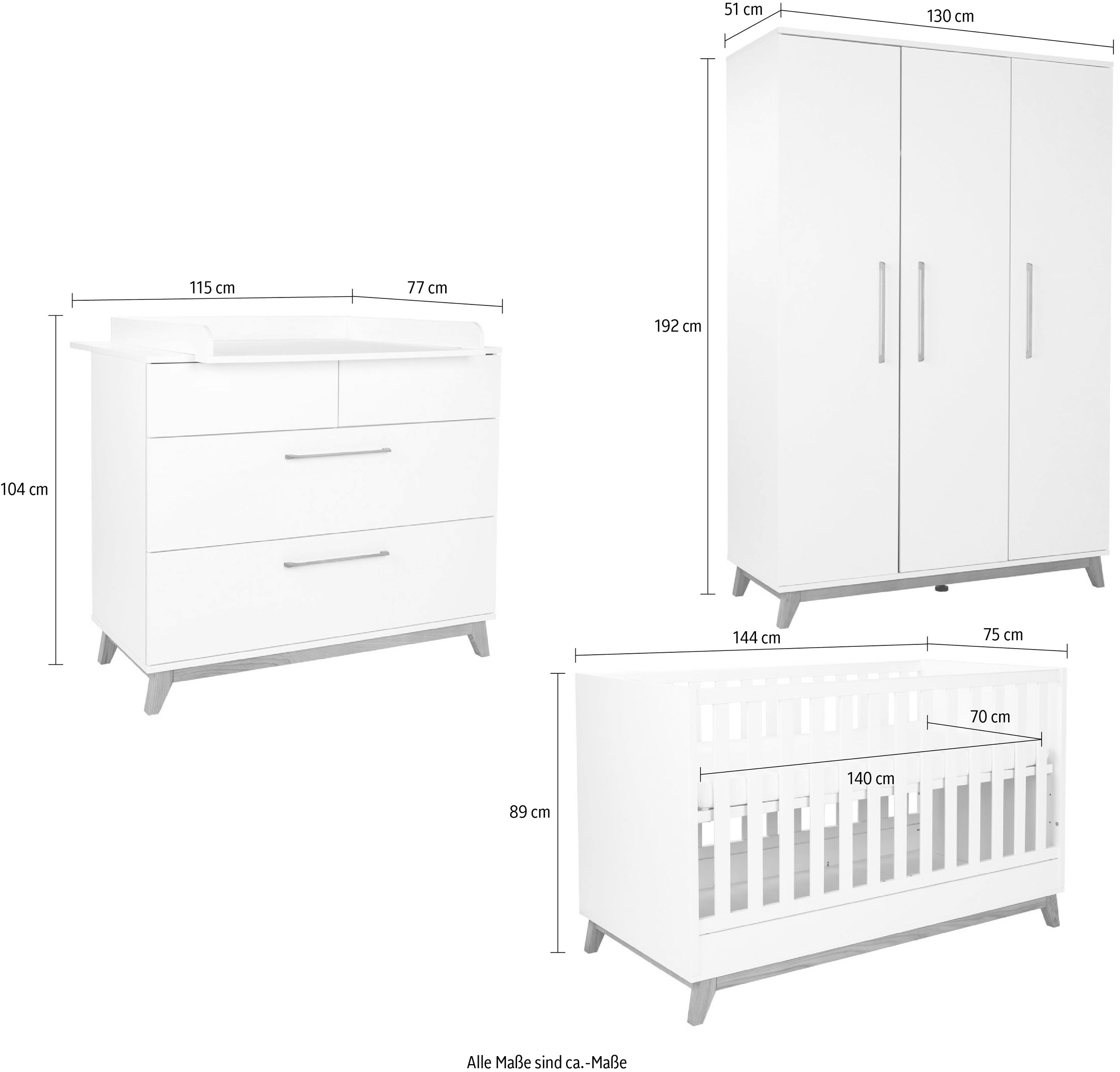 arthur berndt Babymöbel-Set »Babyzimmer Set »Lina« 3-teilig«, (Spar-Set, 3 tlg., Das Set besteht aus Kleiderschrank, Kinderbett und Wickelkommode)