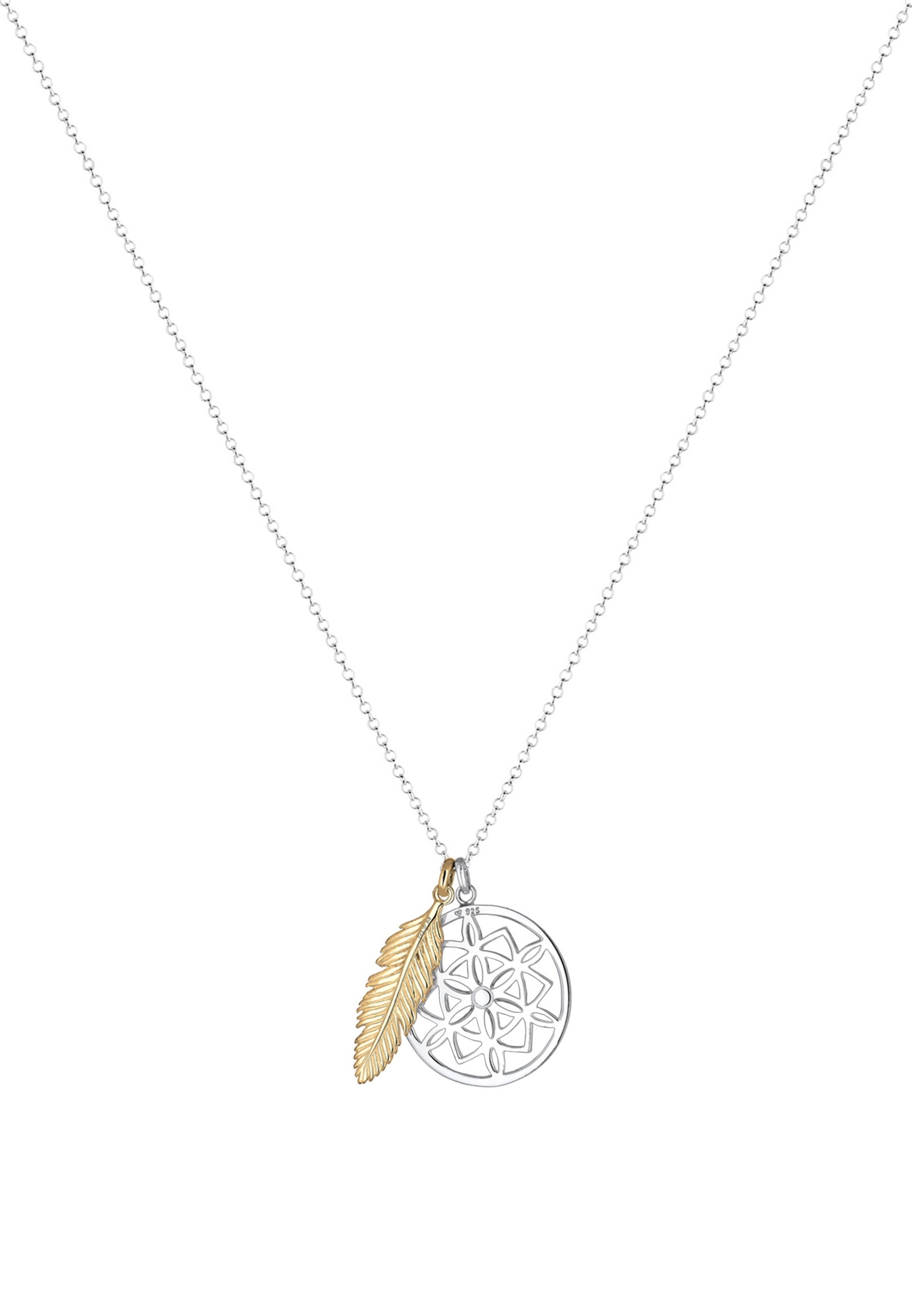 Elli Kette mit Anhänger »Halskette Ornament Feder Anhänger Traumfänger 925 Sterling Silber bicolor«
