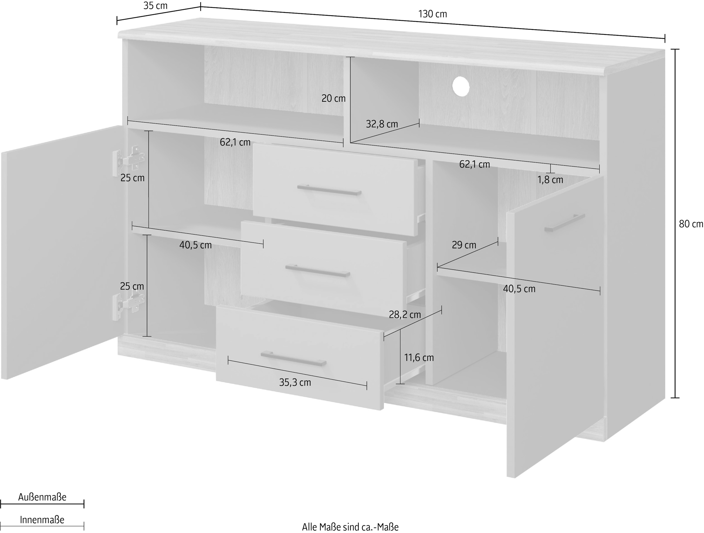 OTTO home Sideboard »Ribe,130cm breit,80cm hoch,Türen und Schubladen,6 Fächer« Oberplatte Eiche massiv,schwarze Metall Griffe