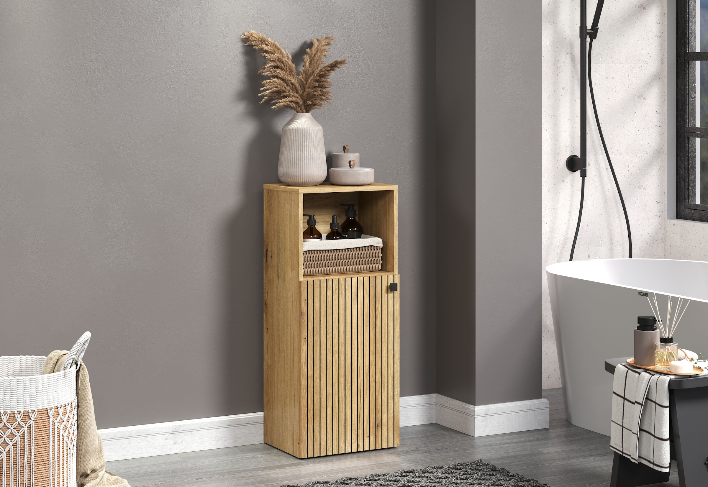 welltime Unterschrank »Amrum«, (1 St.), Badschrank mit offenem Fach und Rillenoptik - Maße (B/T/H) 40/31/95 cm