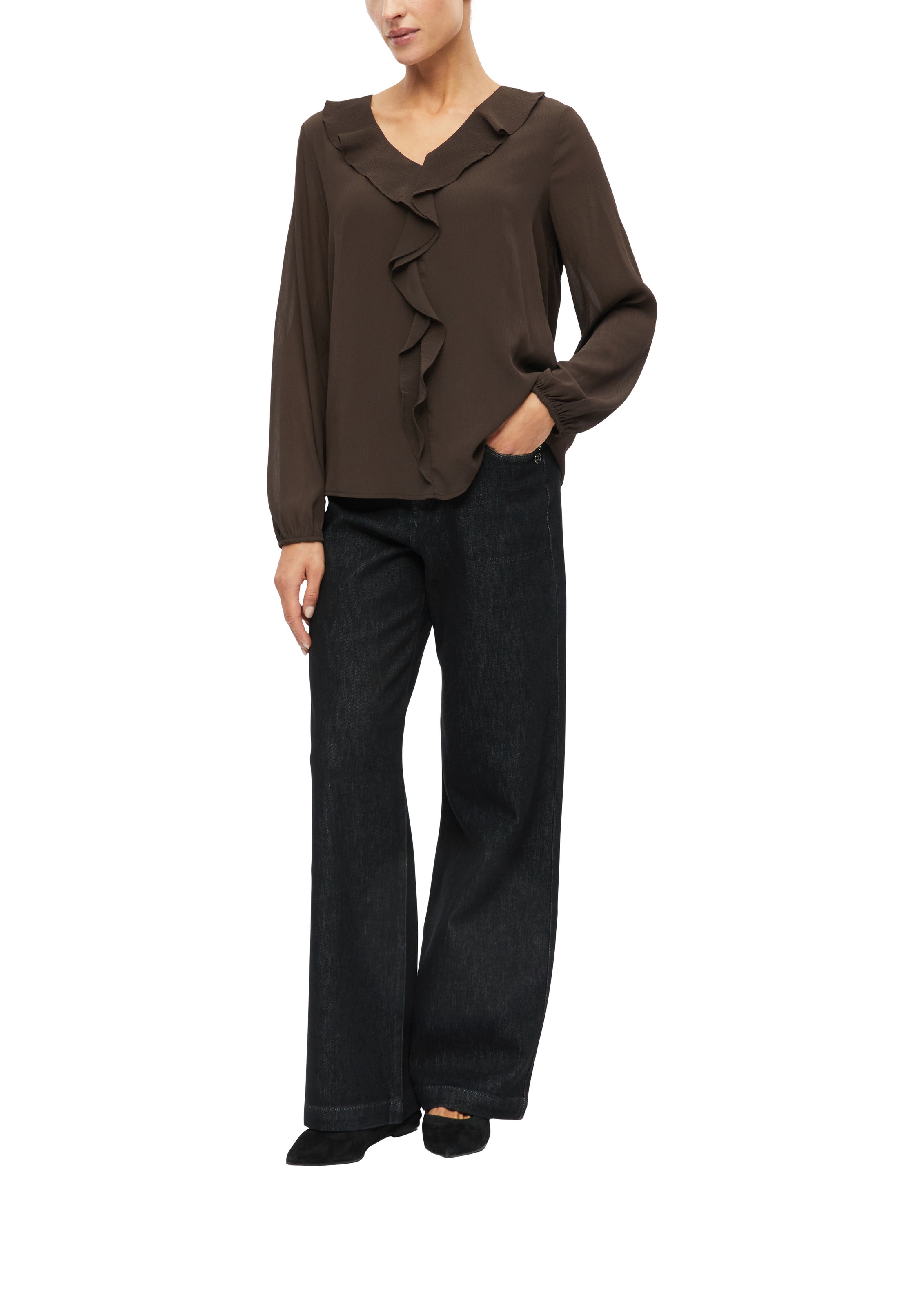 s.Oliver BLACK LABEL Langarmbluse Sommerbluse mit Volants und transparenter Optik