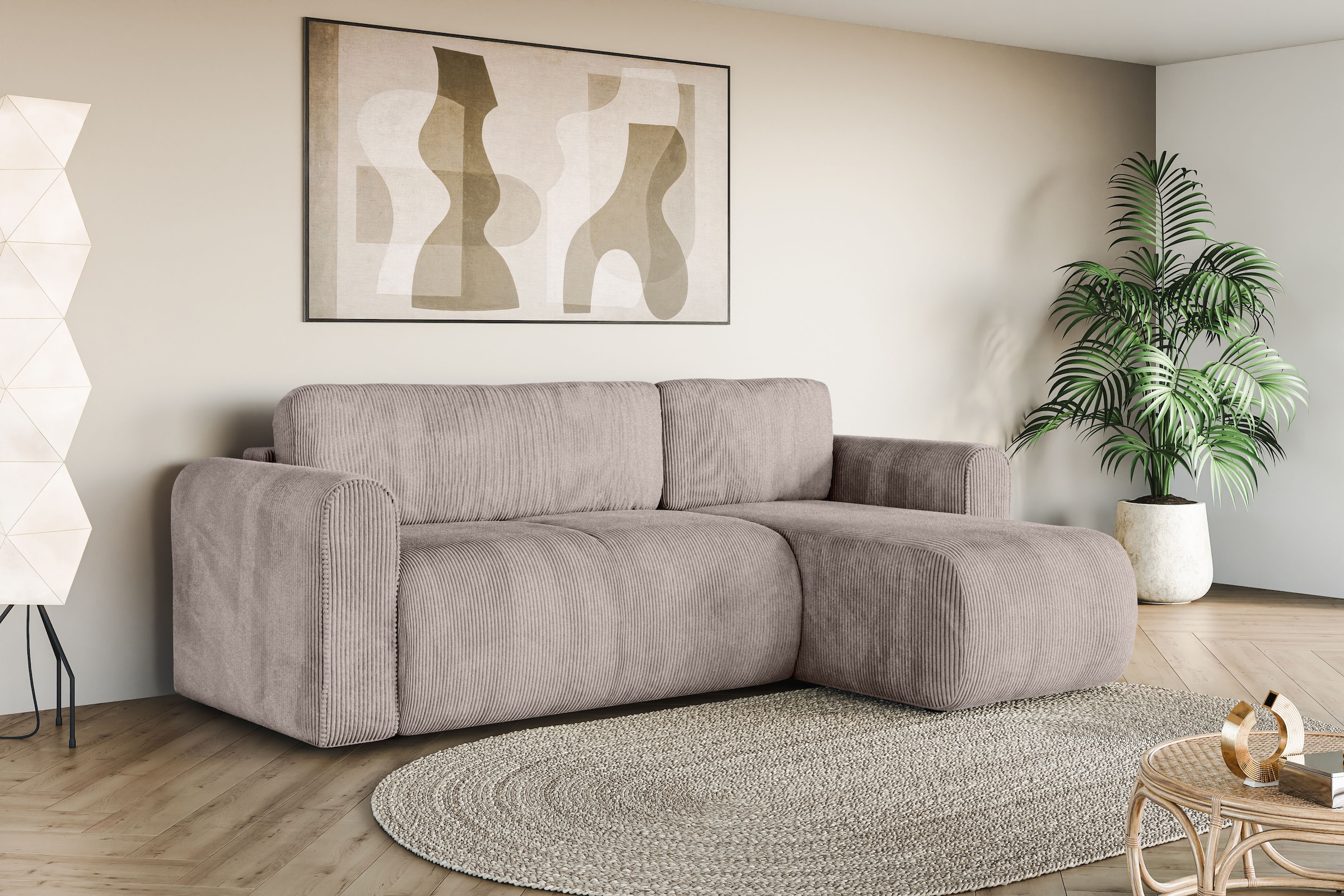INOSIGN Ecksofa »Zacharia wahlweise Schlafsofa mit Bettkasten, B/T/H 250/166/86 cm«, L-Form mit Wellenunterfederung, Recamiere beidseitig montierbar