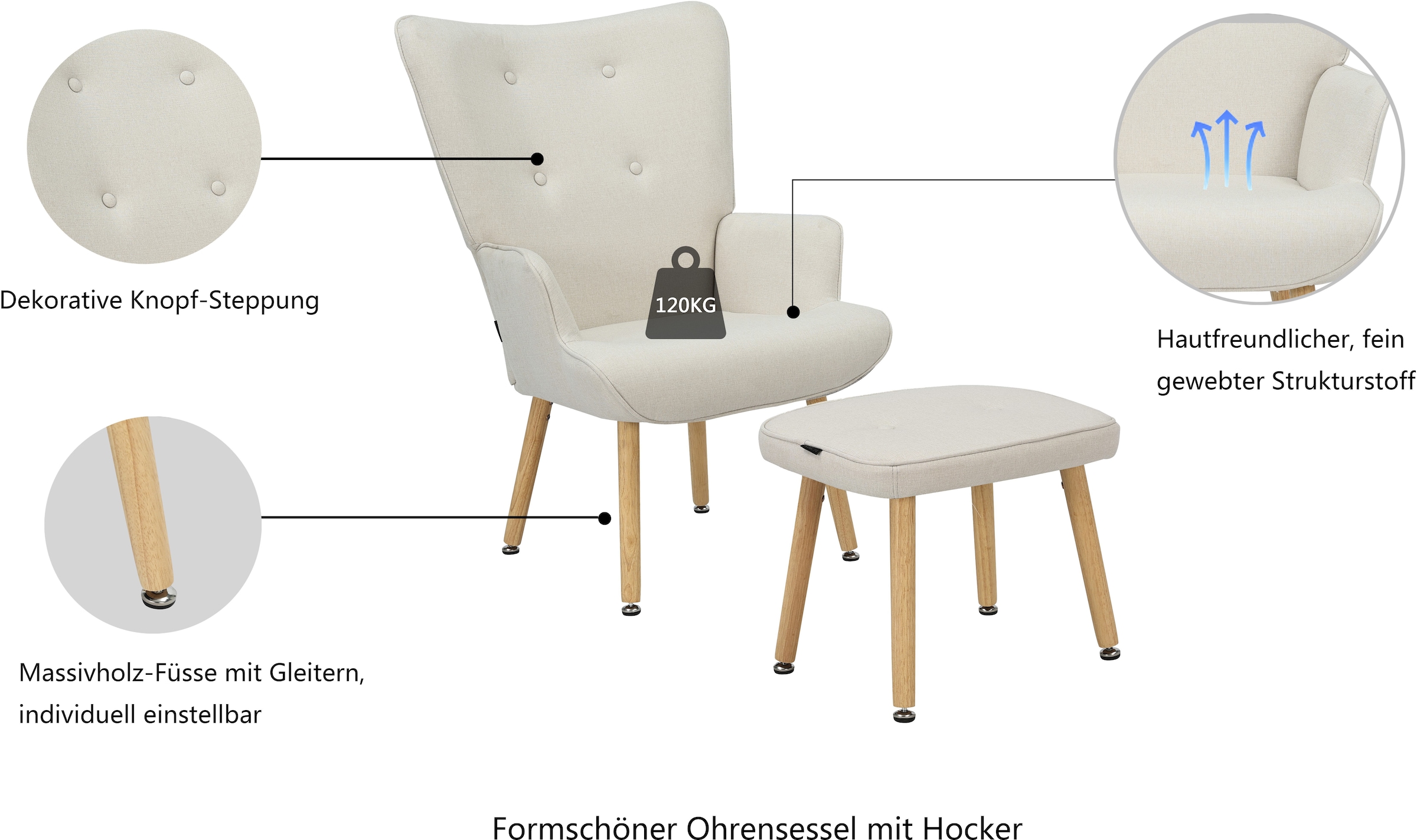 INOSIGN Ohrensessel »PERHAM, Sessel mit Hocker im Set, Knopfheftung, Massivholz-Füße,«, komfortabler Relaxsessel und Sitz-Hocker mit Strukturbezug