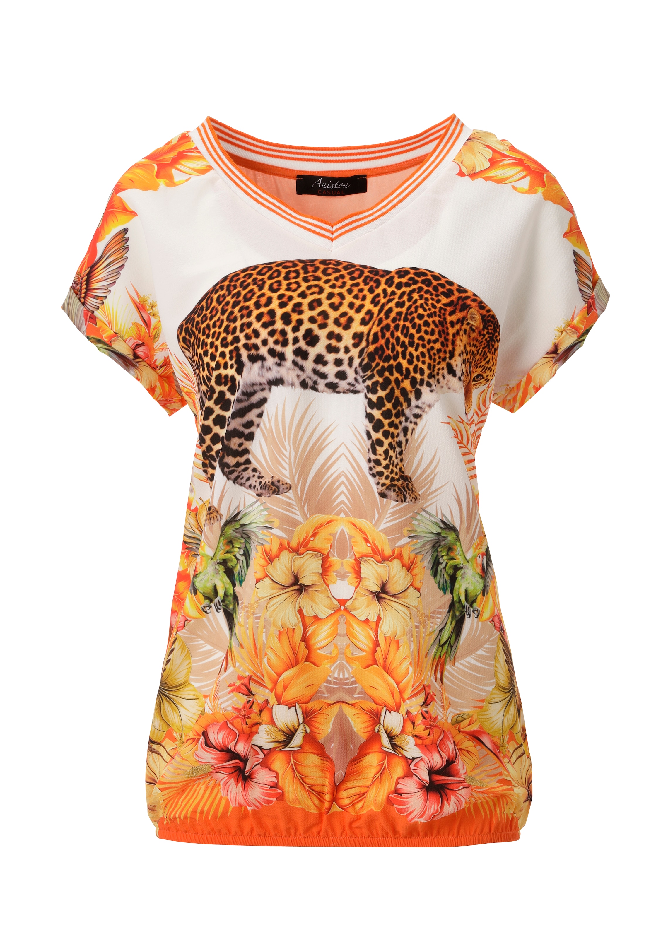 Aniston CASUAL Shirtbluse mit Leopard, tropischen Vögeln, Blüten und Blättern - NEUE KOLLEKTION