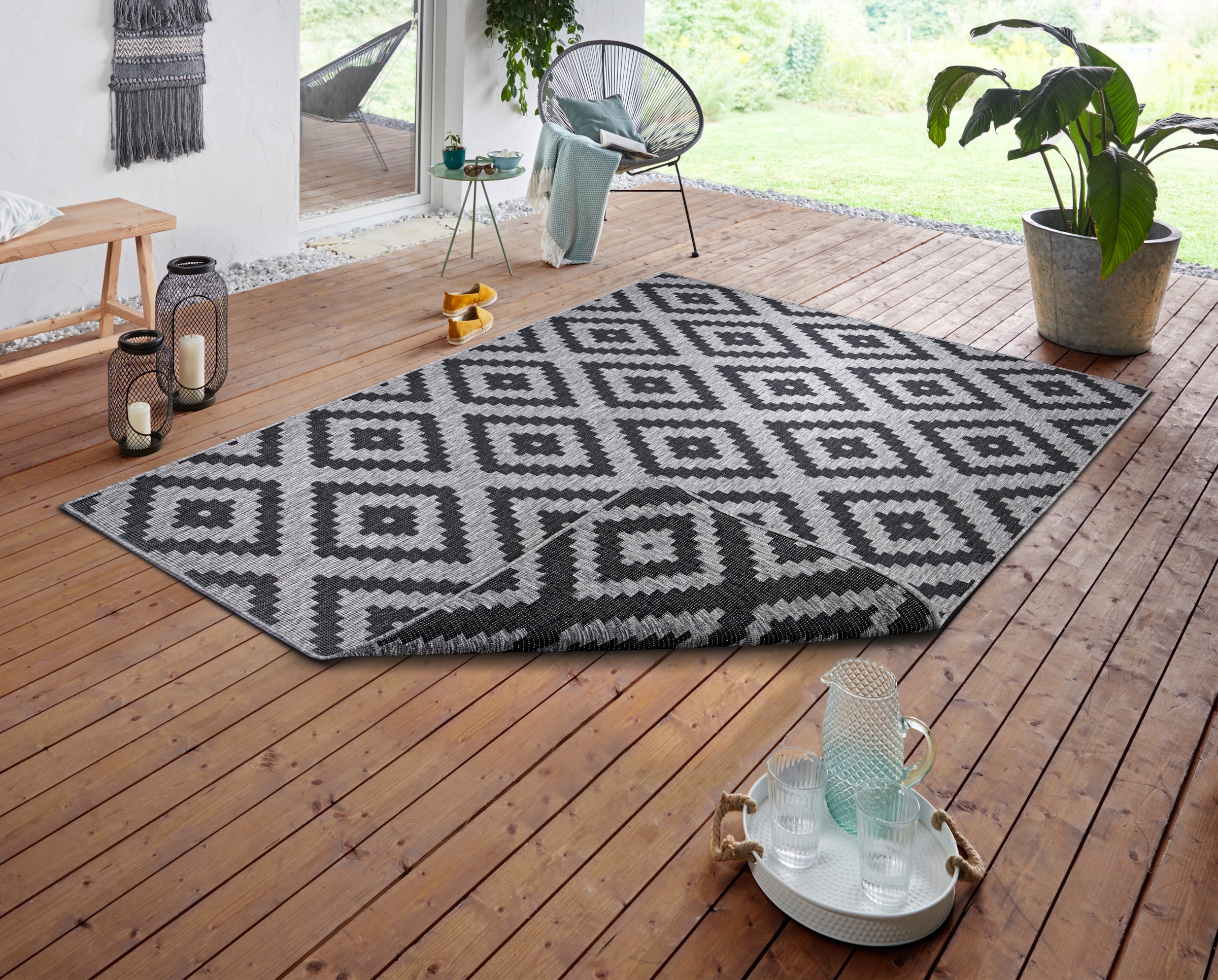 NORTHRUGS Teppich »Malta Wendeteppich«, rechteckig, 5 mm Höhe, In-& Outdoor, Wetterfest, Balkon, Terrasse, Raute, Läufer, Wohnzimmer