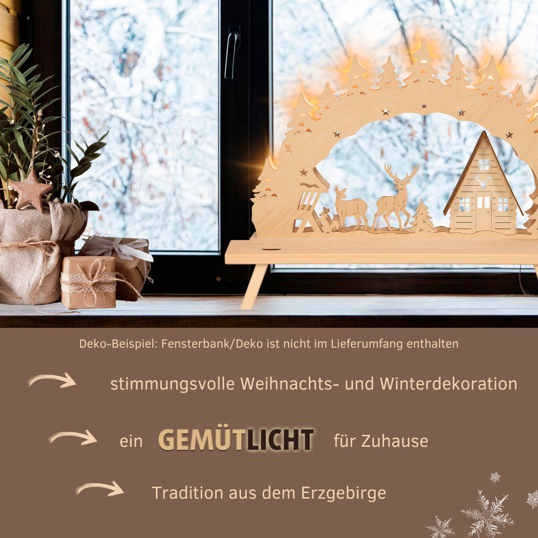 Weigla LED Schwibbogen »Waldhaus, Lichterbogen aus Holz, NATUR-BRAUN, Made in Germany« 1 Stk. Erzgebirge garantiert, Weihnachtsdeko Innen, Weihnachtsbeleuchtung