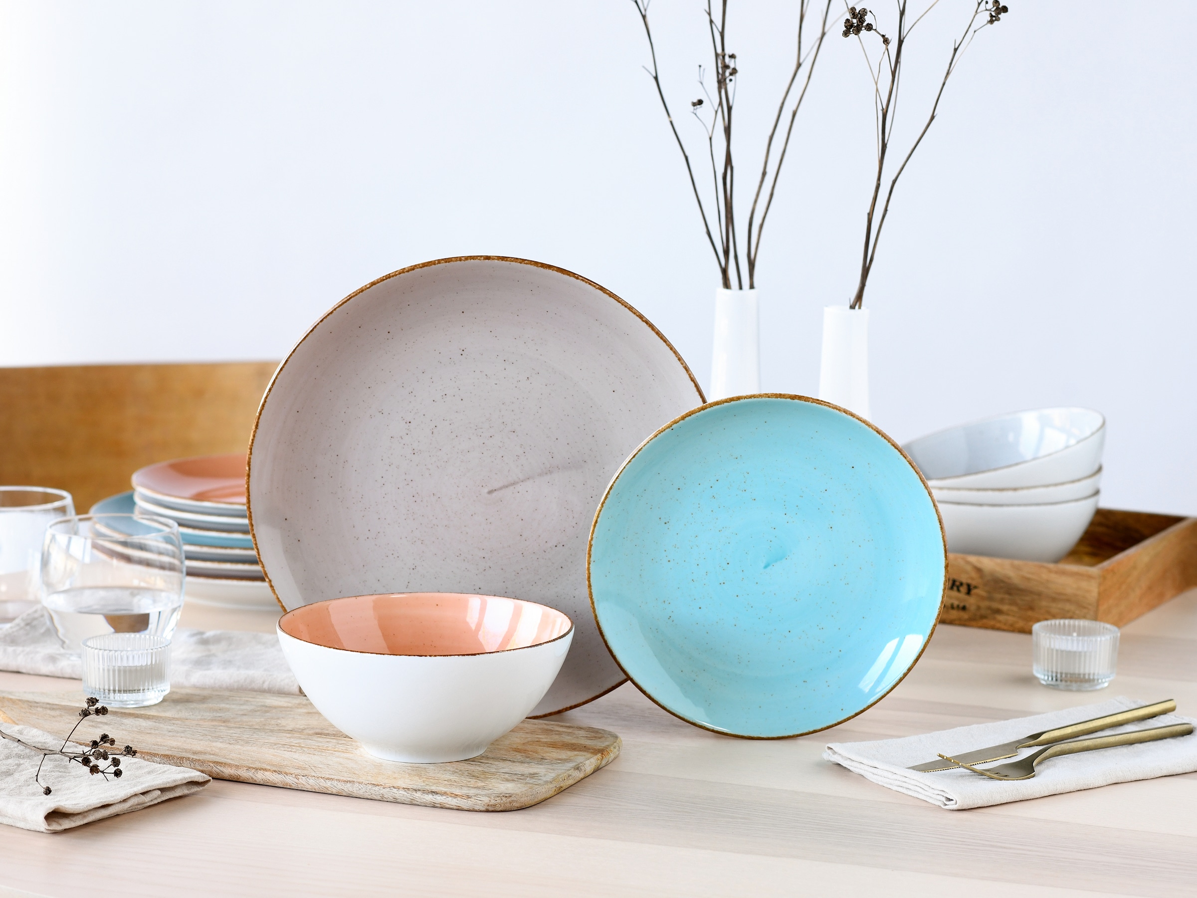 CreaTable Teller-Set »Vintage, Teller Set 12-tlg.« Naturverbundenes Design, Handgemalt